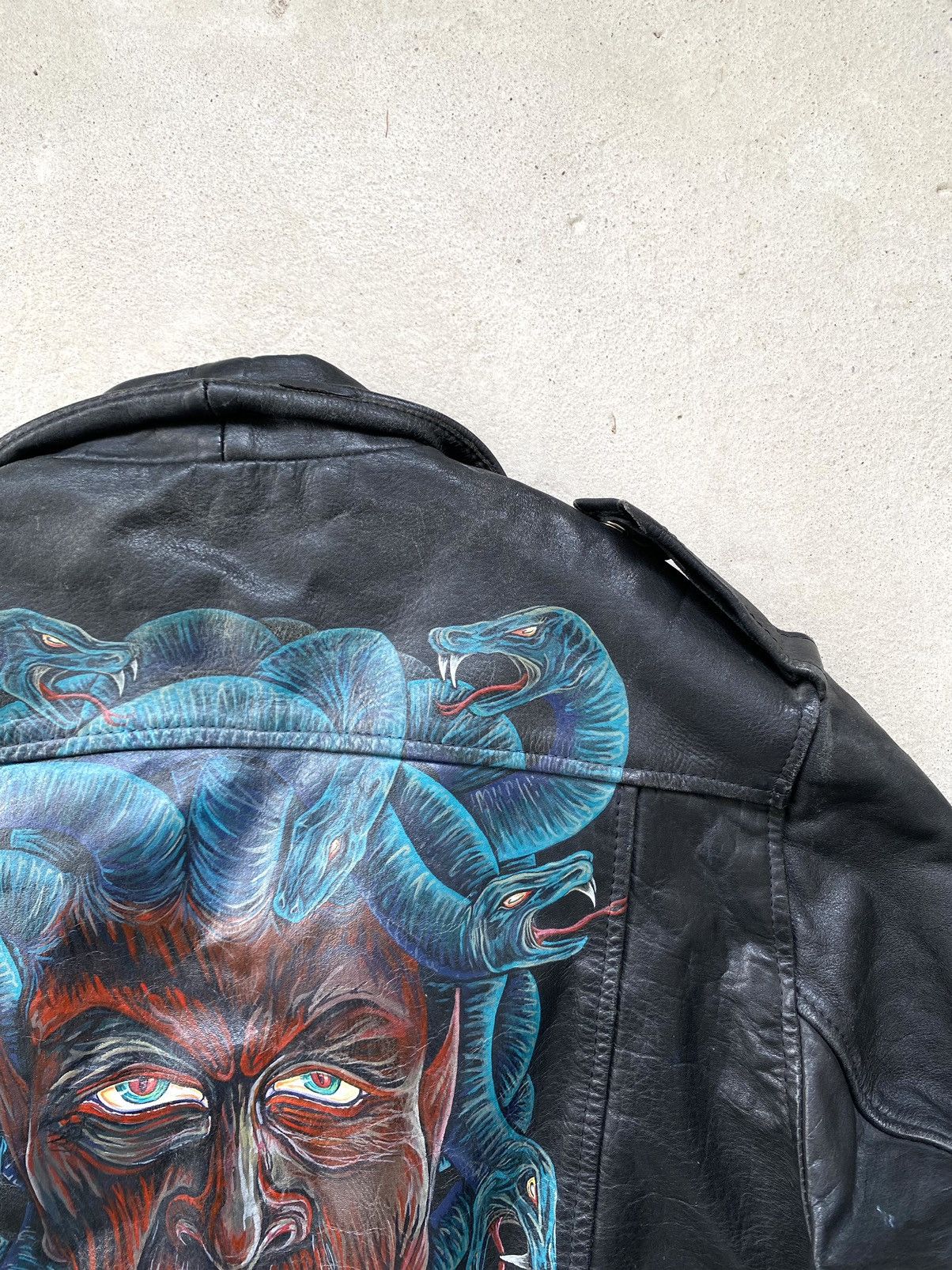Other Rare! Vintage 70s Leather Jacket Art Face In Snakes Medusa Size US L / EU 52-54 / 3 - 14 Thumbnail