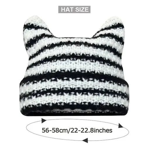 Japanese Brand Takako x Yumi Cat Ears Striped Knitted Beanie Hat Size ONE SIZE - 2 Thumbnail