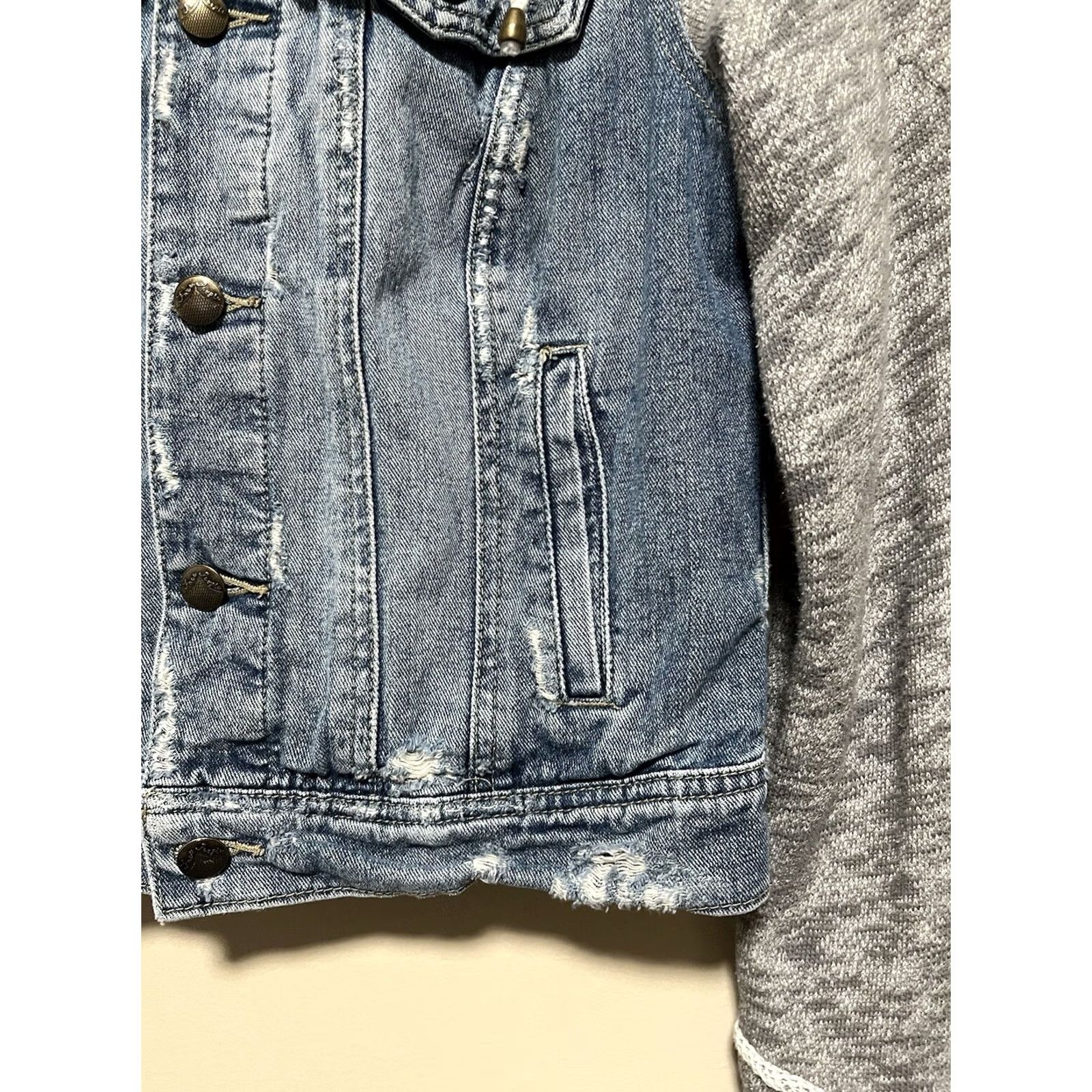 Free People Free People Blue Denim Jean Jacket Hoodie Women Small Distressed Jacket Size S / US 4 / IT 40 - 2 Thumbnail