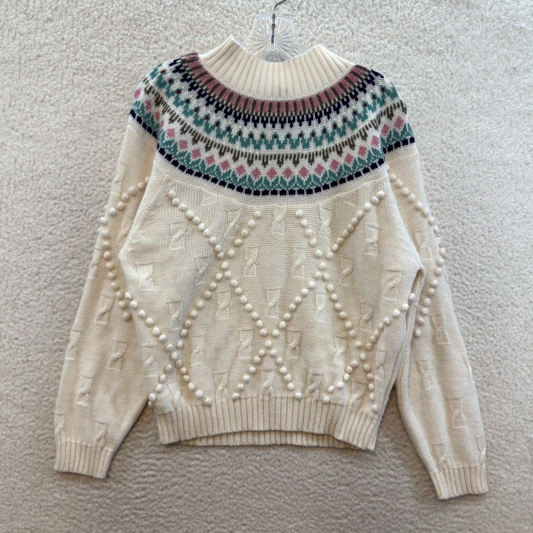 Vintage VINTAGE Fairy Isle Sweater Medium Womens Ivory Nordic Icelandic Mock Neck M Ivory 1990s Geometric Knitted top/Cabin Creek Size M / US 6-8 / IT 42-44 - 2 Thumbnail