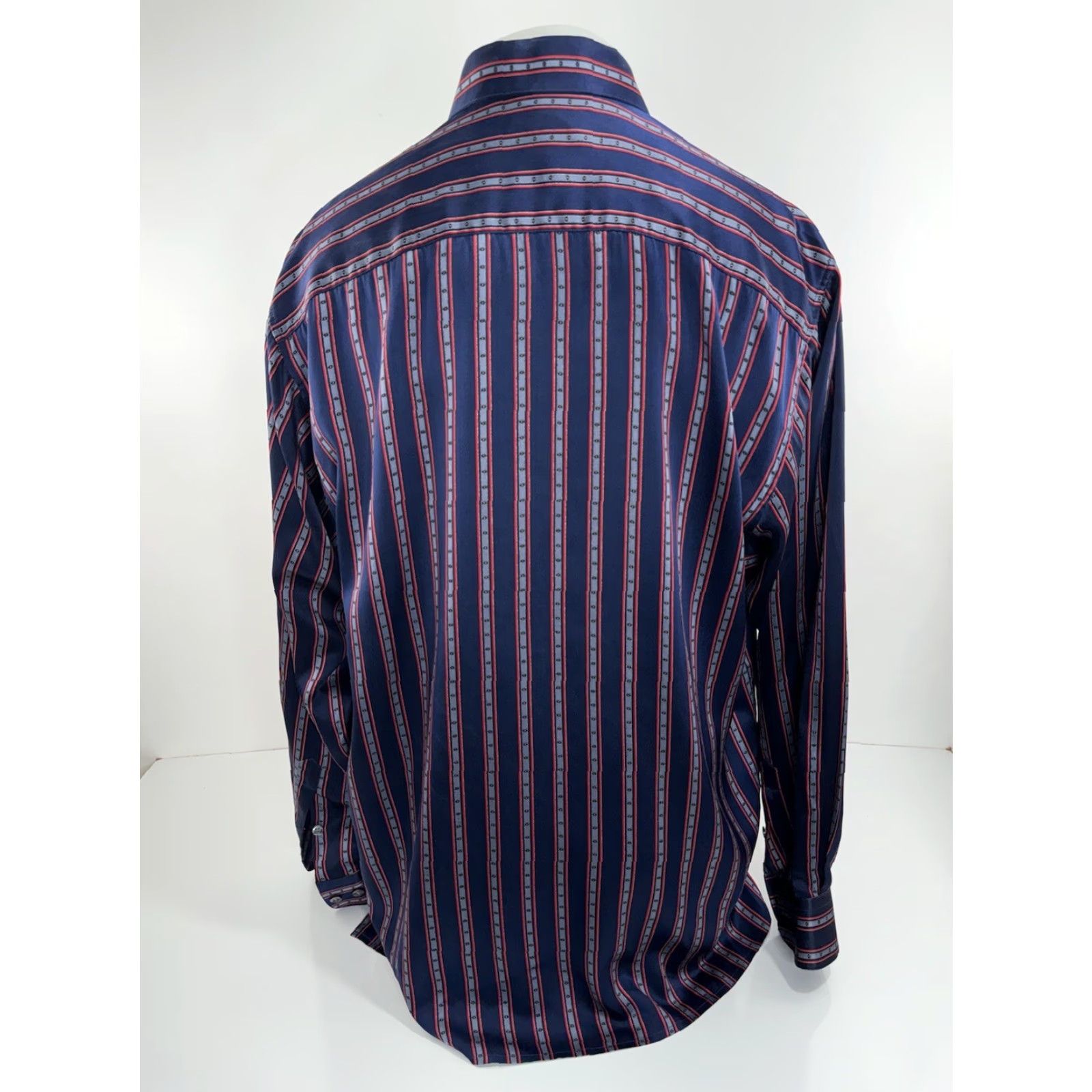 Vintage BERNINI SILK Striped Shirt 2XL Mens XL / XXL Button-Up Long Sleeve Blue Red Geometric EXCELLENT Size US XXL / EU 58 / 5 - 4 Thumbnail