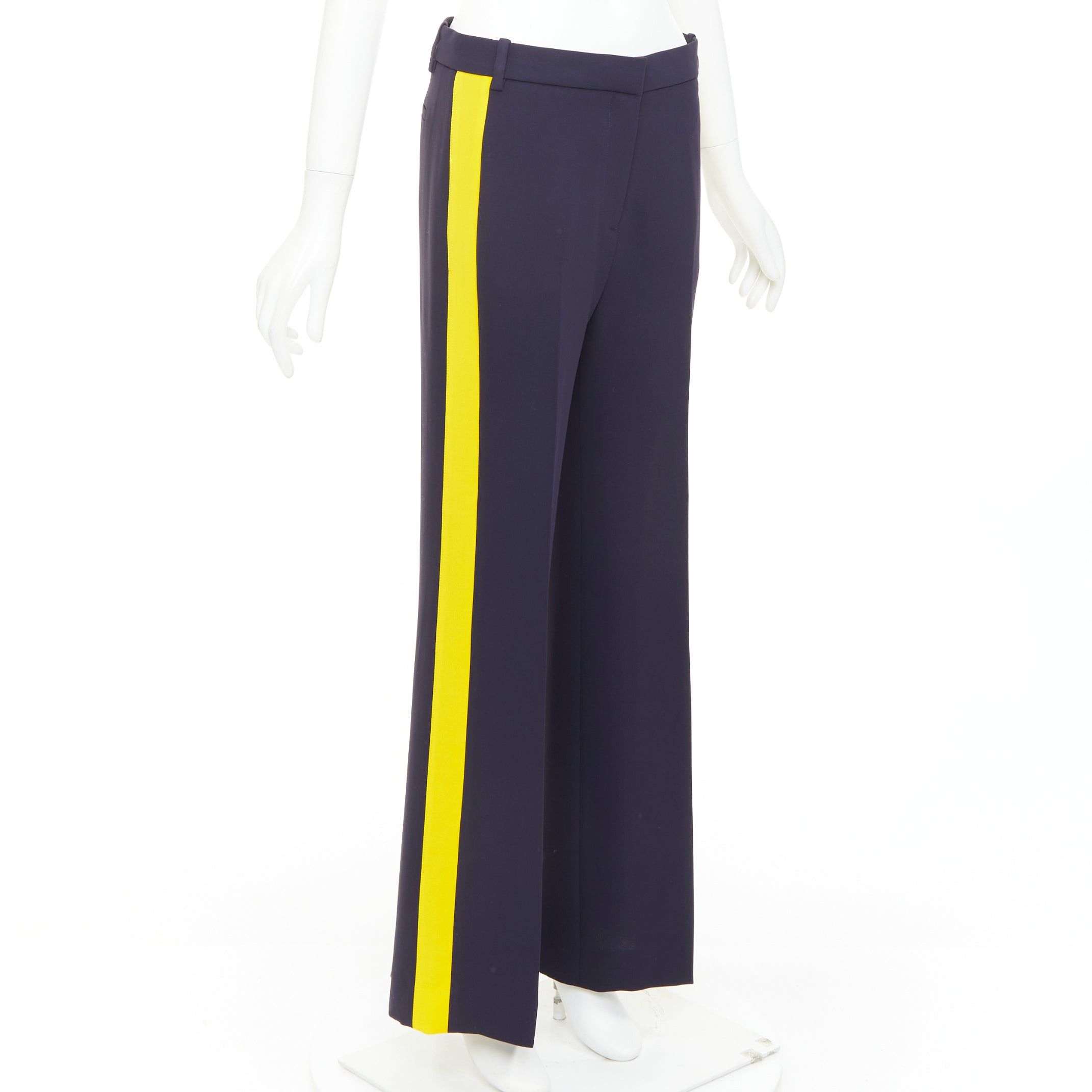 Victoria Beckham VVB VICTORIA BECKHAM navy yellow silk trimmed high waist wide trousers UK8 S Size 27" / US 4 / IT 40 - 1 Thumbnail