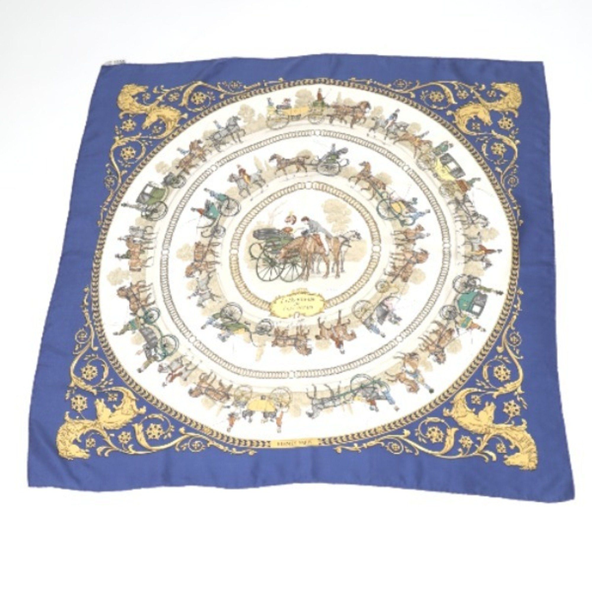 image of Hermes Scarf La Promenade De Longchamps Silk Carre 90 Blue, Women's