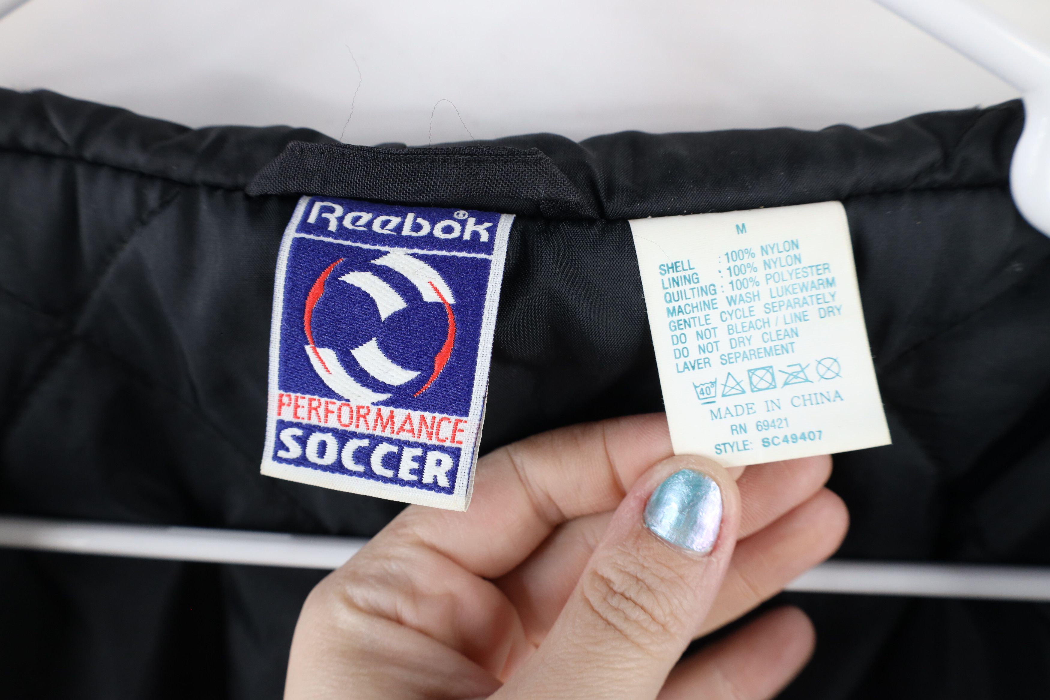 Vintage 90s Reebok Soccer Out Big Logo Hooded Puffer Jacket