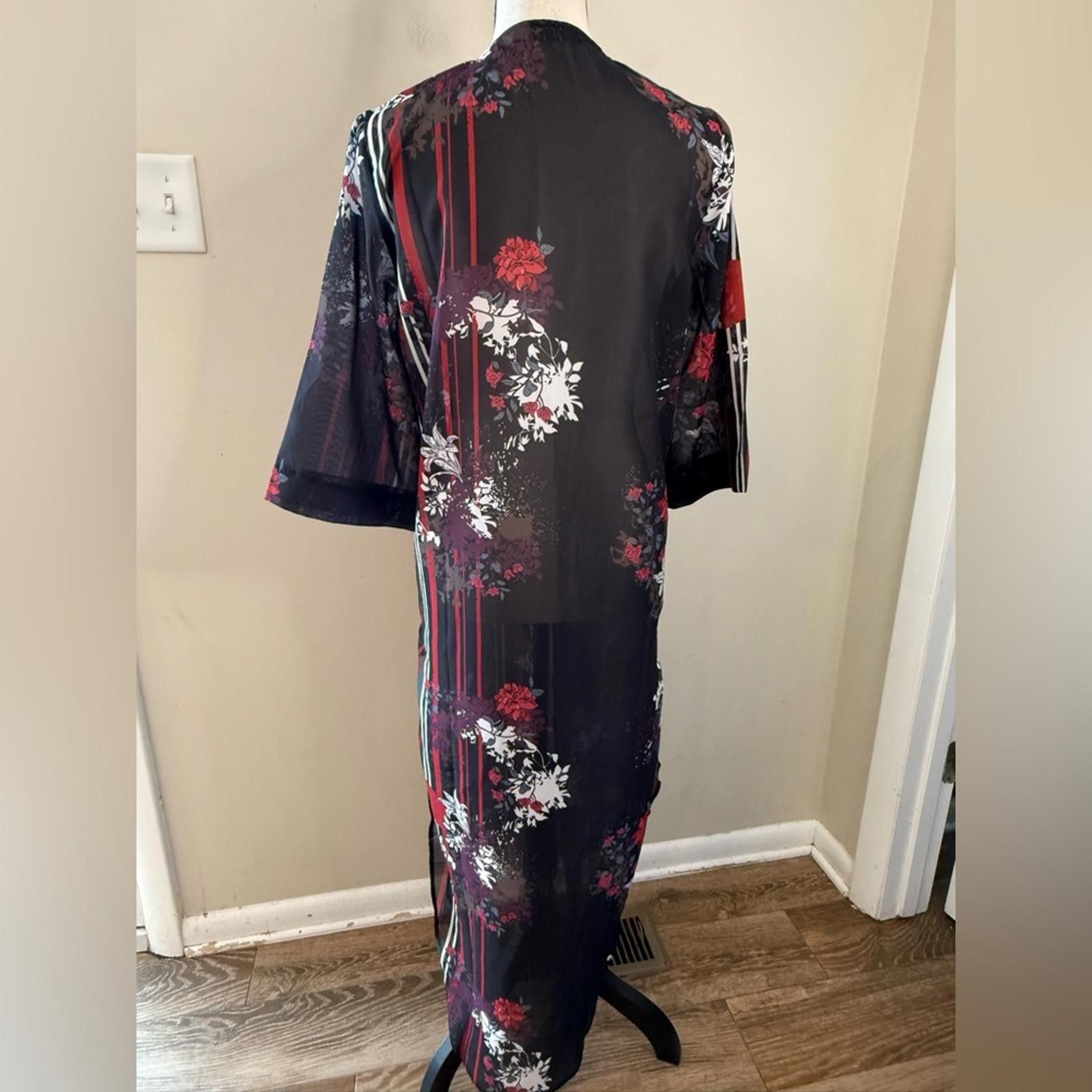 Other Colleen Lopez floral striped kimono cover up black red SZ XS Size ONE SIZE - 6 Thumbnail