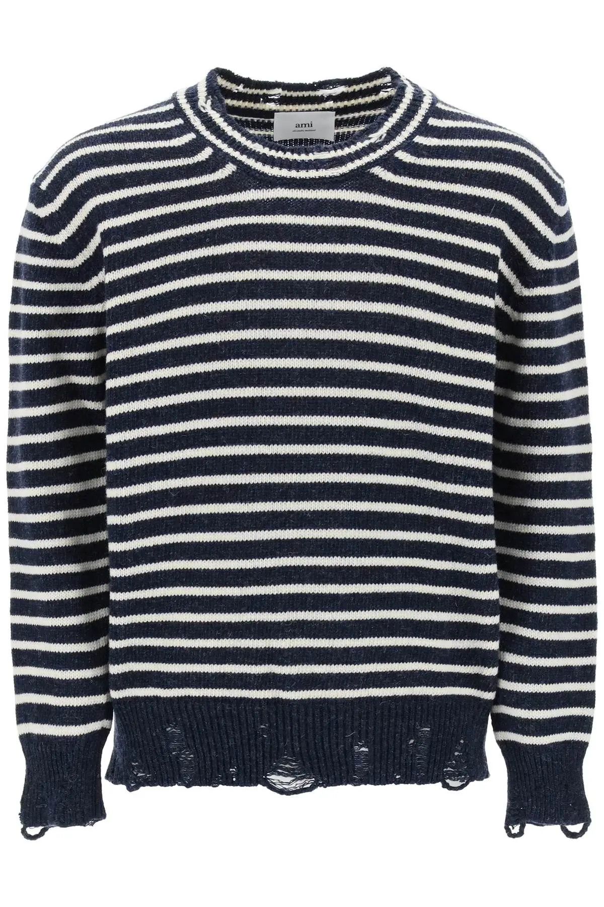 image of Ami O1S22I1N0224 Paris Striped Sweater In White Blue, Men's (Size XL)
