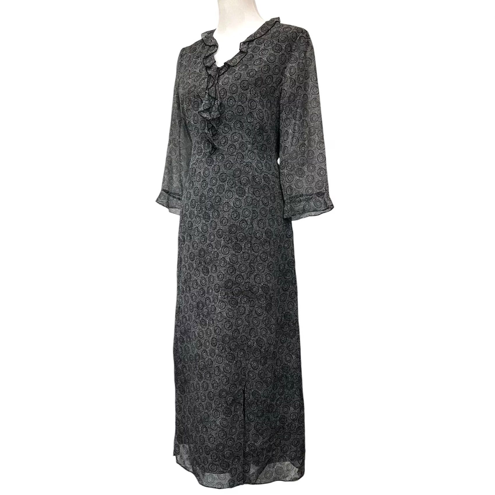 Vintage Garnet Hill Silk Dress Maxi Long Ruffle Trim Black White Print Women's Size 8 Dress Black White Print Silk Maxi Long Ruffle Trim Womens 8 Size M / US 6-8 / IT 42-44 - 3 Thumbnail