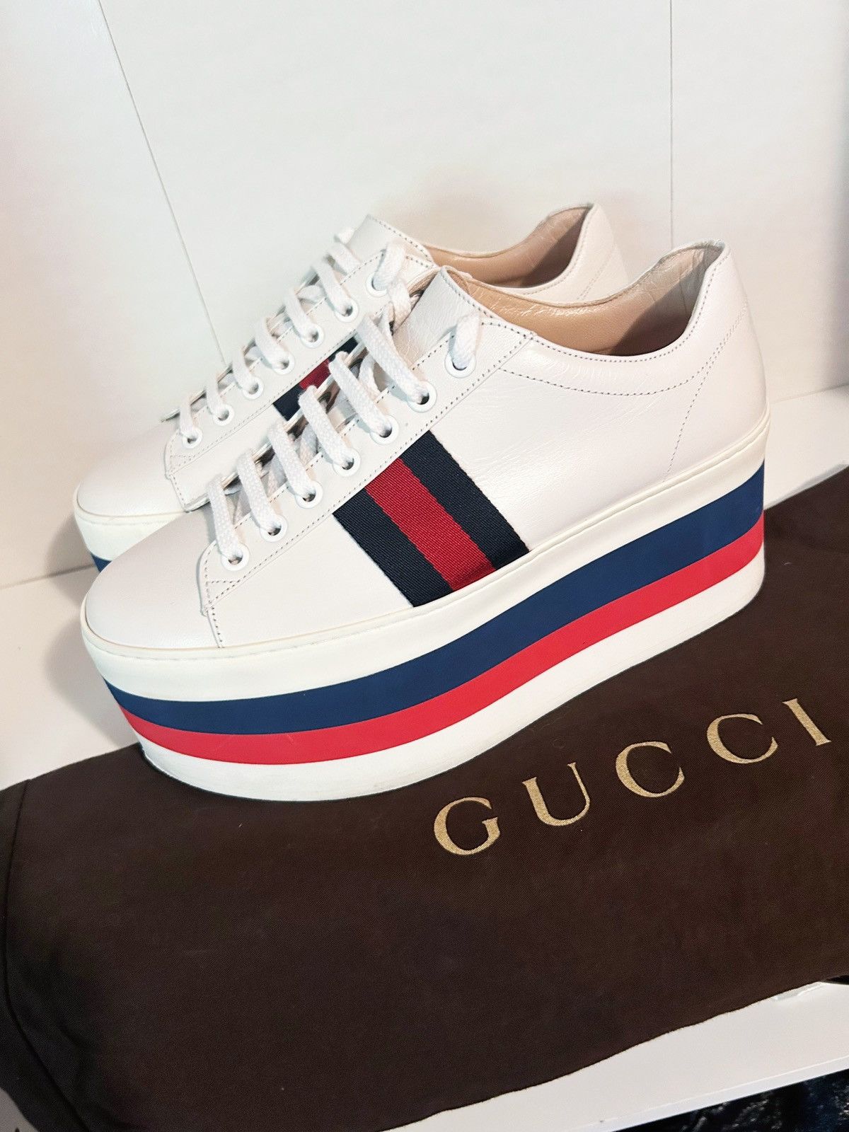 Gucci Authentic Gucci Web Striped Peggy Platform Sneakers 37.5 Size US 7.5 / IT 37.5 - 1 Thumbnail