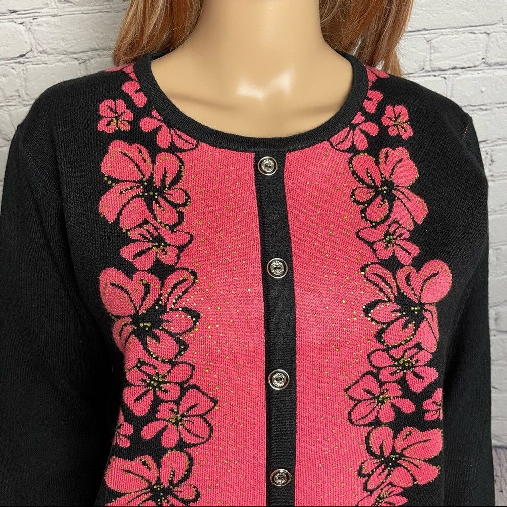 Other New Wool Silk Blend Black With Front Pink Floral Pattern Ca Size M / US 6-8 / IT 42-44 - 2 Thumbnail