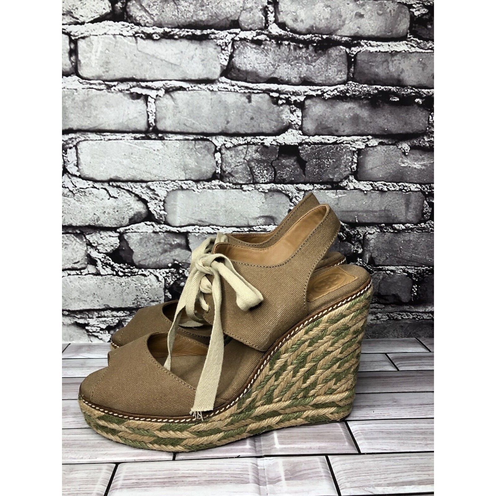 Tory Burch Tory Burch Taupe Canvas Textile Green Tan Espadrilles Wedge Size US 10 / IT 40 - 10 Thumbnail