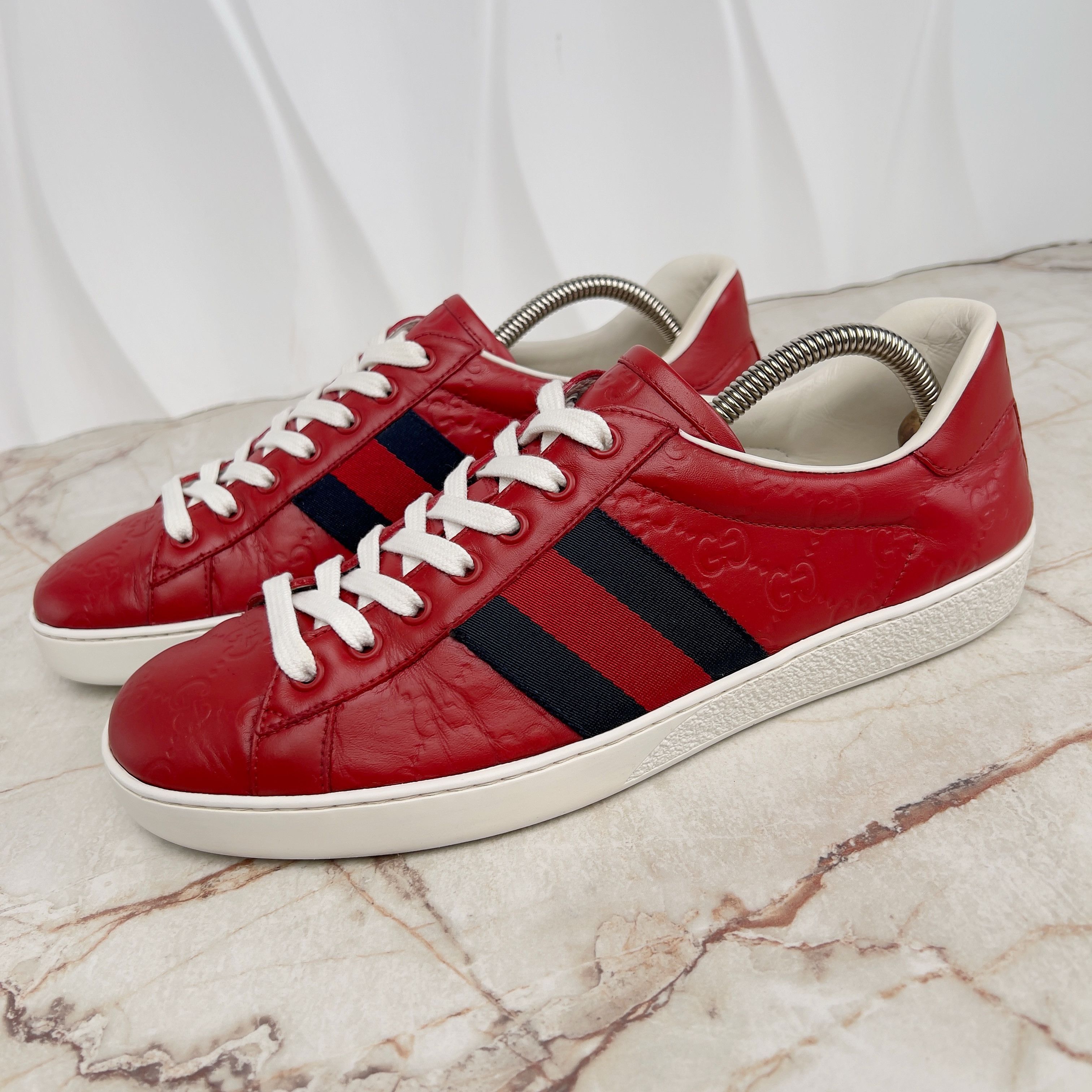 Gucci Ace Web GG Monogram Low Top Sneakers Red Leather Size US 8 / EU 41 - 1 Thumbnail