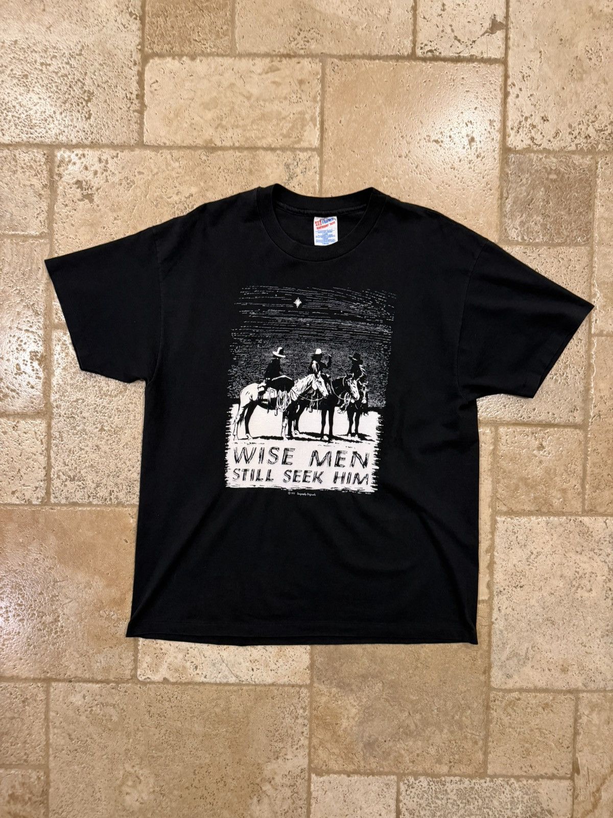 Vintage Vintage “Wise Men Still Seek Him” 1992 Black Faded T-Shirt Size US XL / EU 56 / 4 - 3 Thumbnail