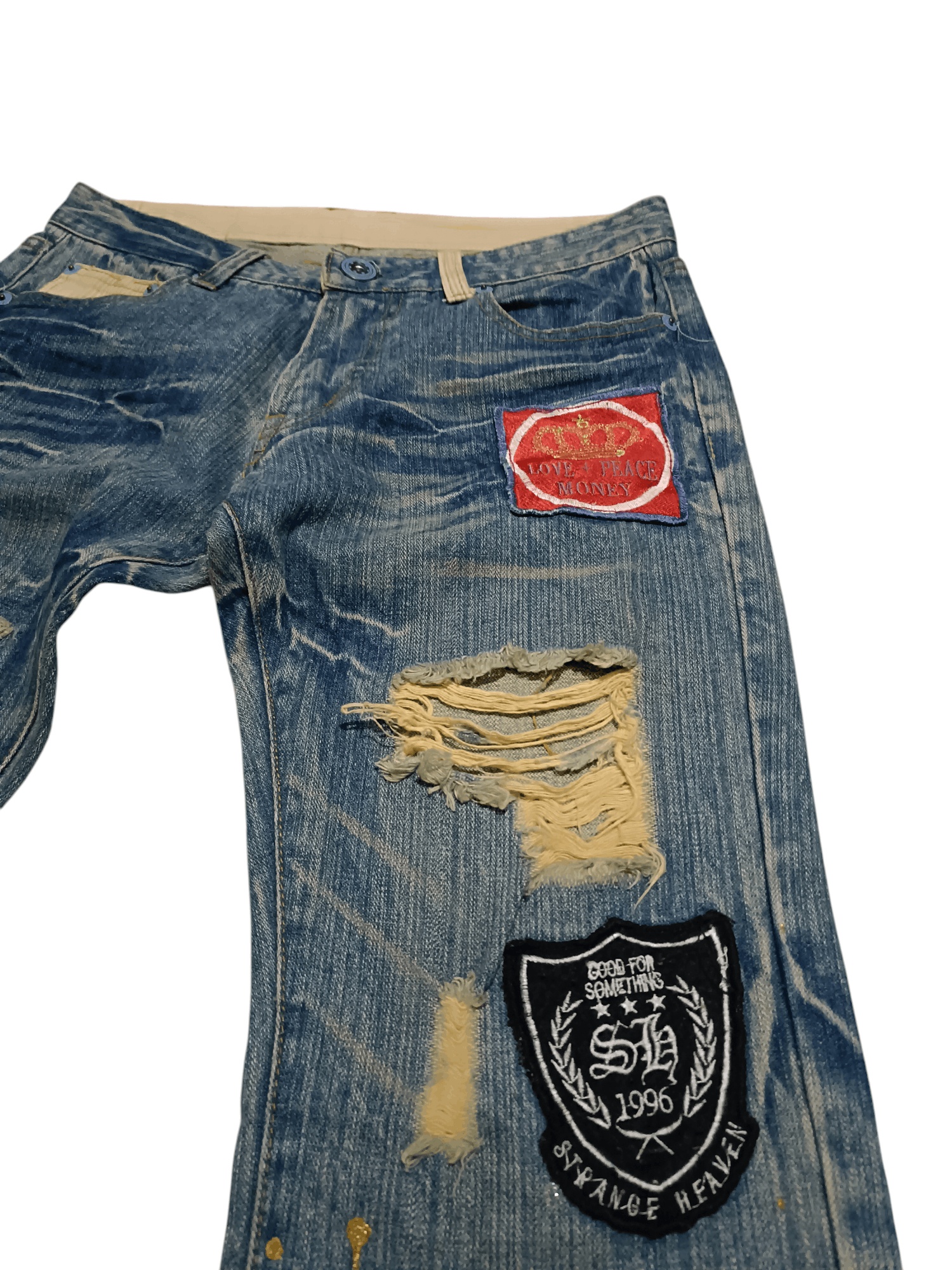 Japanese Brand × Vintage Distressed Denim Jeans Glitter Paint Hate War Size US 31 - 6 Thumbnail
