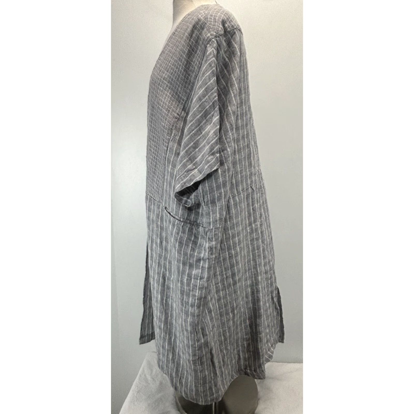 Vintage POETRY 100% Linen Kimono Jacket Women’s Large Regular 16/18 Grey White Check Lagenlook Minimal Pockets Lightweight Breathable Size XXL / US 16-18 / IT 52-54 - 2 Thumbnail