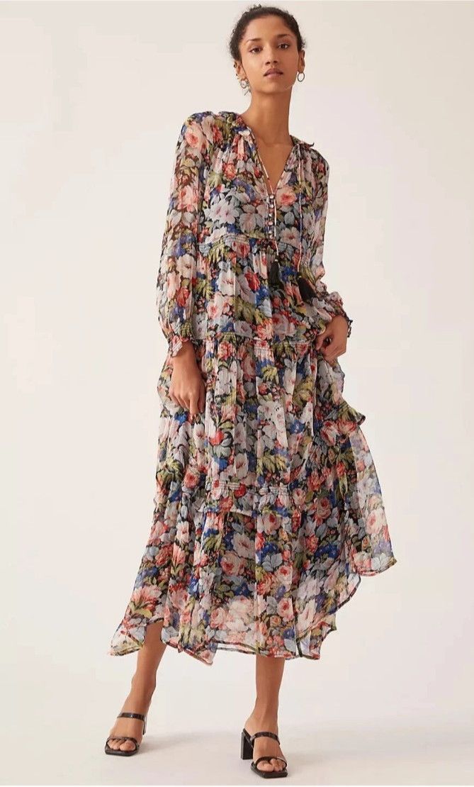 Anthropologie The Marais Printed Chiffon Maxi Dress Floral Sheer Overlay Size L / US 10 / IT 46 - 1 Thumbnail