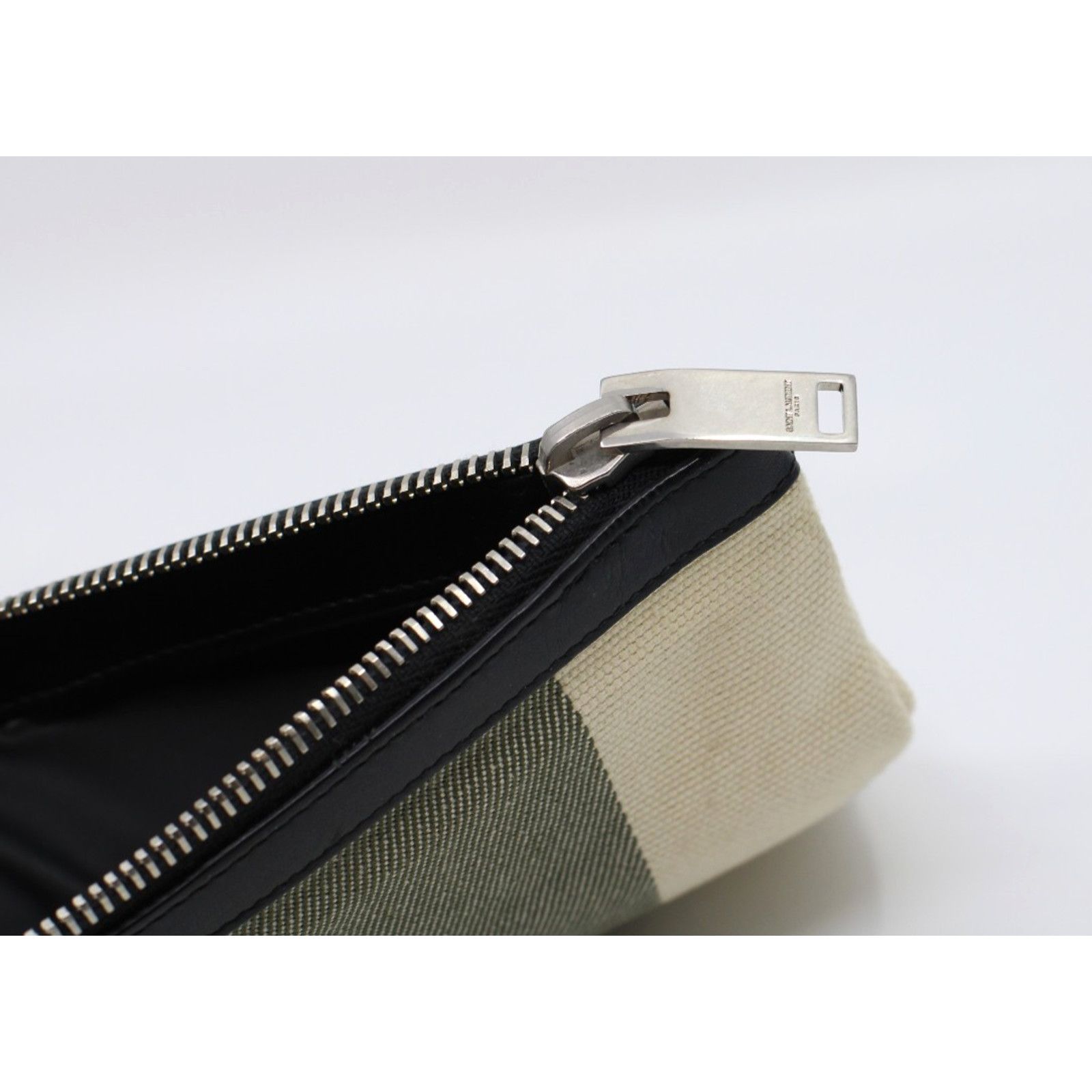 Saint Laurent Paris Saint Laurent Clutch Bag Pouch Beige Khaki Canvas Leather Size ONE SIZE - 4 Thumbnail