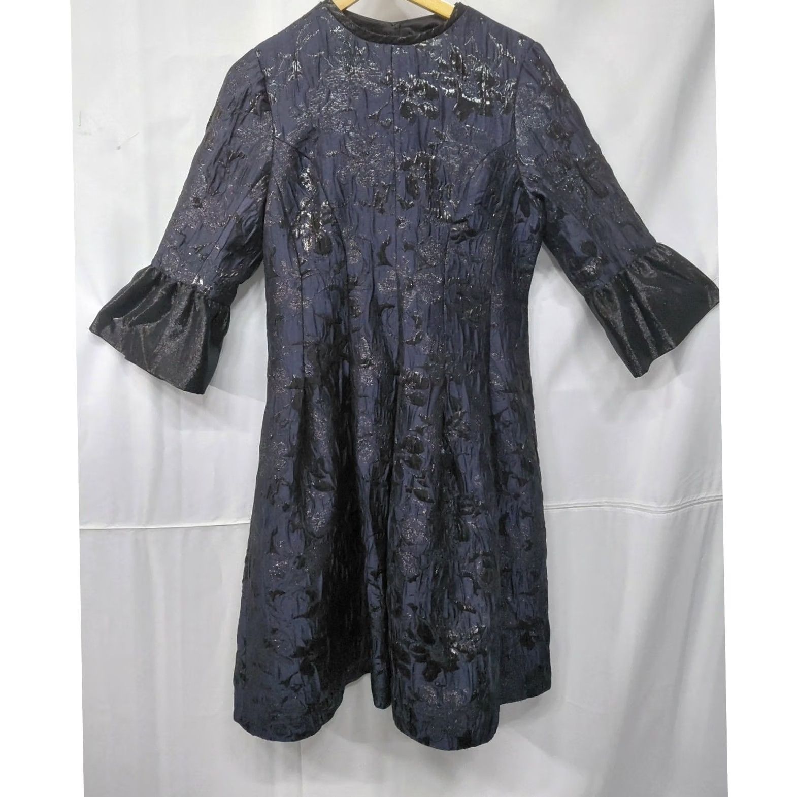 Vintage Rickie Freeman for Teri Jon Dress | Women A-Line Knit Jacquard Knee Length Bell Sleeve Navy Blue Metallic Size L / US 10 / IT 46 - 2 Thumbnail
