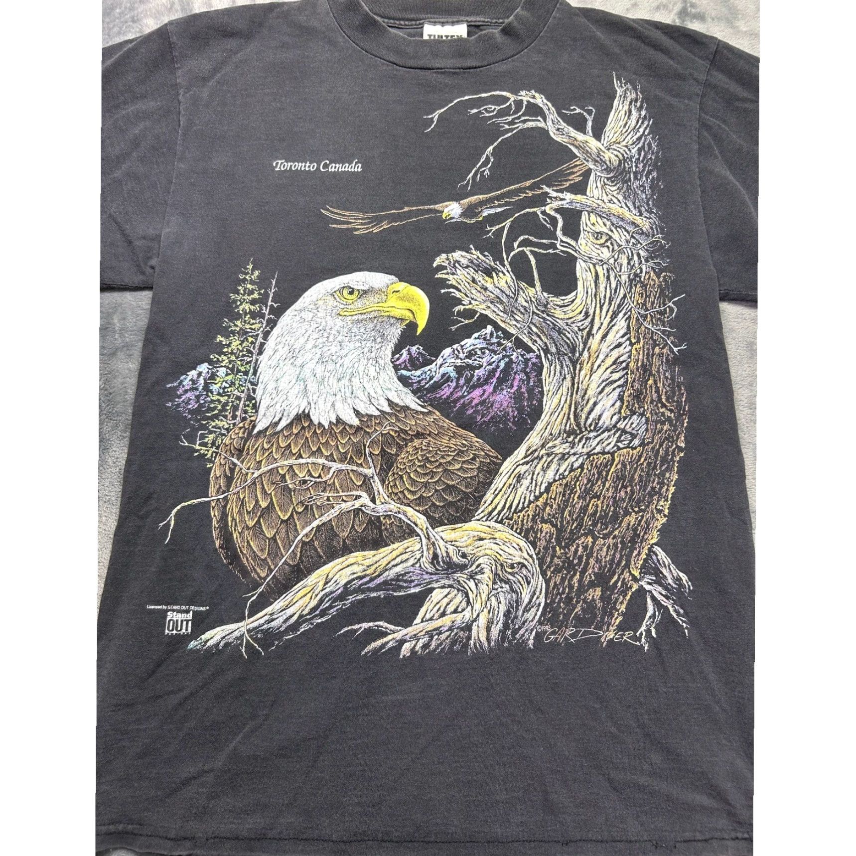 Tultex VINTAGE Bald Eagle AOP T Shirt Tultex Large Toronto Canada USA Made Shirt Mens L Black 90s Outdoor Animals Graphic Print USA Made Size US L / EU 52-54 / 3 - 3 Thumbnail