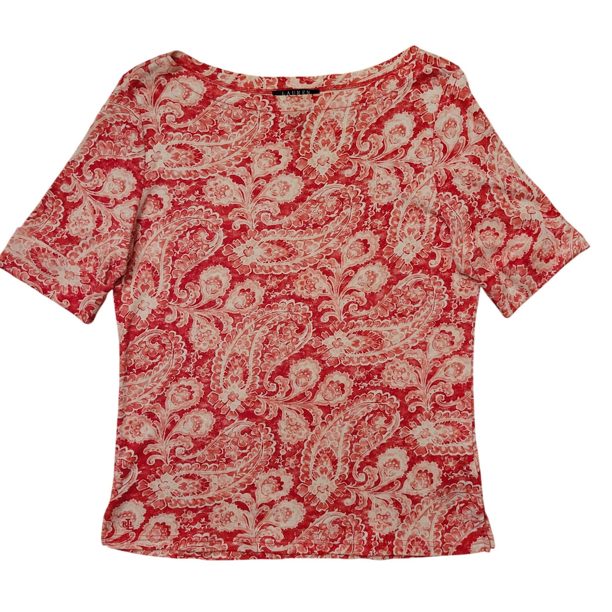 Lauren Ralph Lauren Ralph Lauren Red White Paisley Stretch Top L Cotton Boat Nec Size L / US 10 / IT 46 - 4 Thumbnail