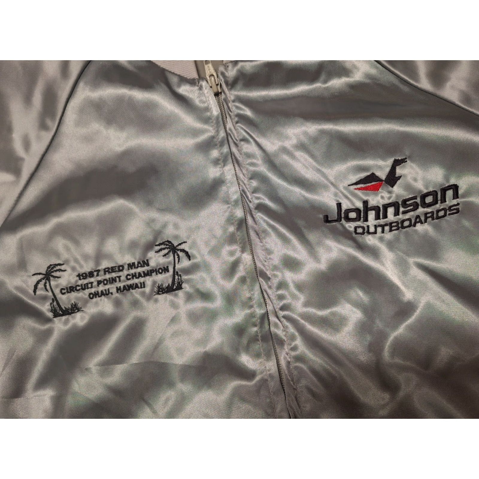 Champion VINTAGE 80s Satin Jacket Johnson Outboards Ohau Hawaii Champion Top Gun Men M Gray Satin Jacket - 80s Theme Mens Size US M / EU 48-50 / 2 - 3 Thumbnail