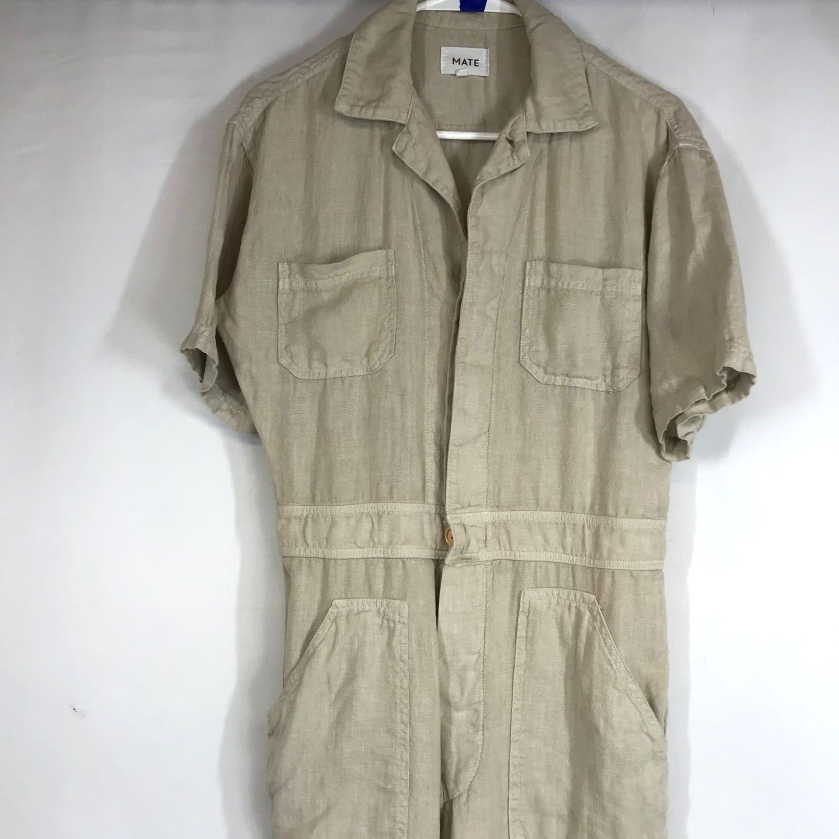 Vintage MATE The Linen Utility Jumpsuit Short Sleeve Button Front Beige XS Size 26" / US 2 / IT 38 - 2 Thumbnail