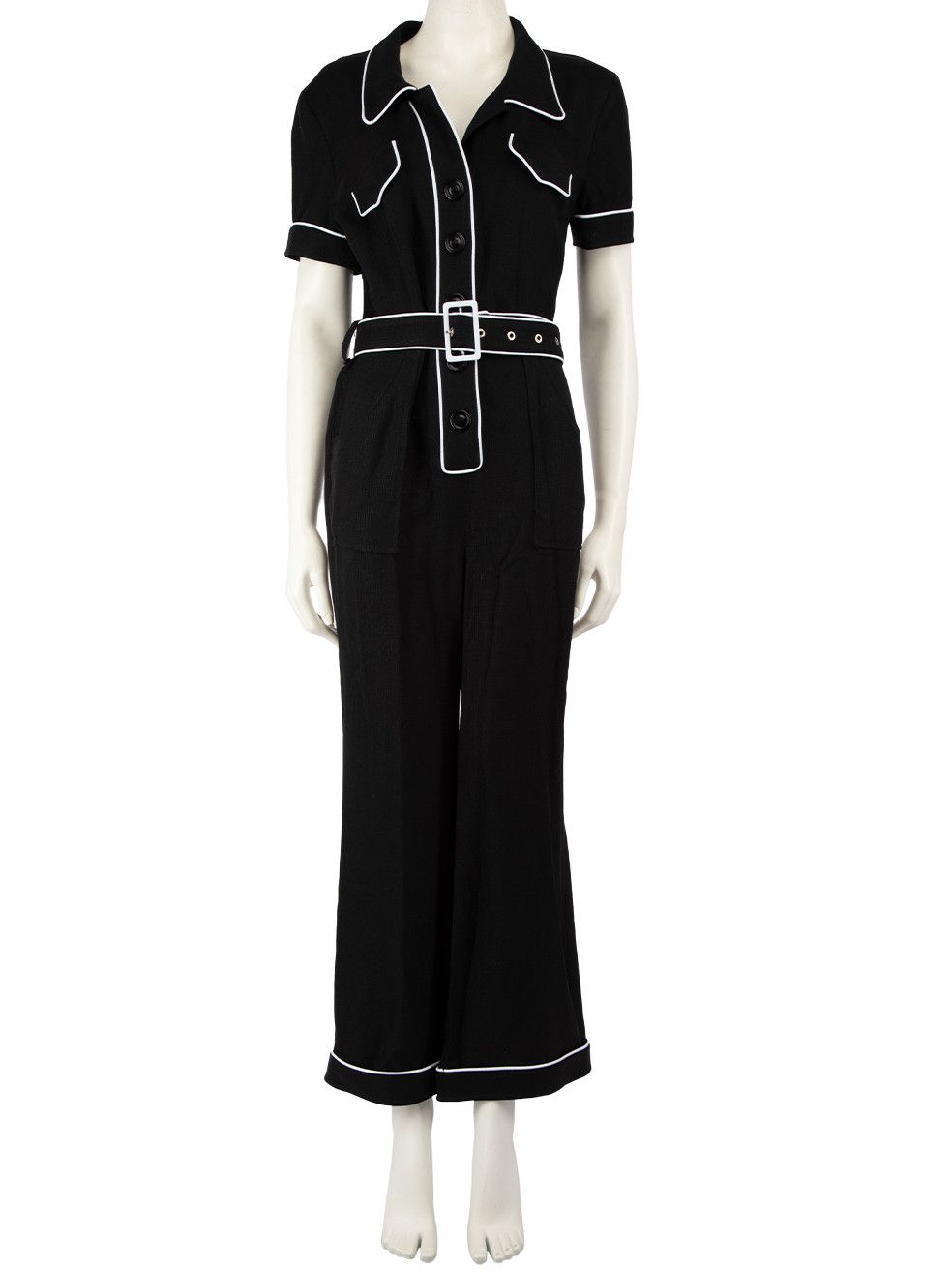 image of De La Vali Black Contrast Trim Pocket Jumpsuit, Women's (Size 30)