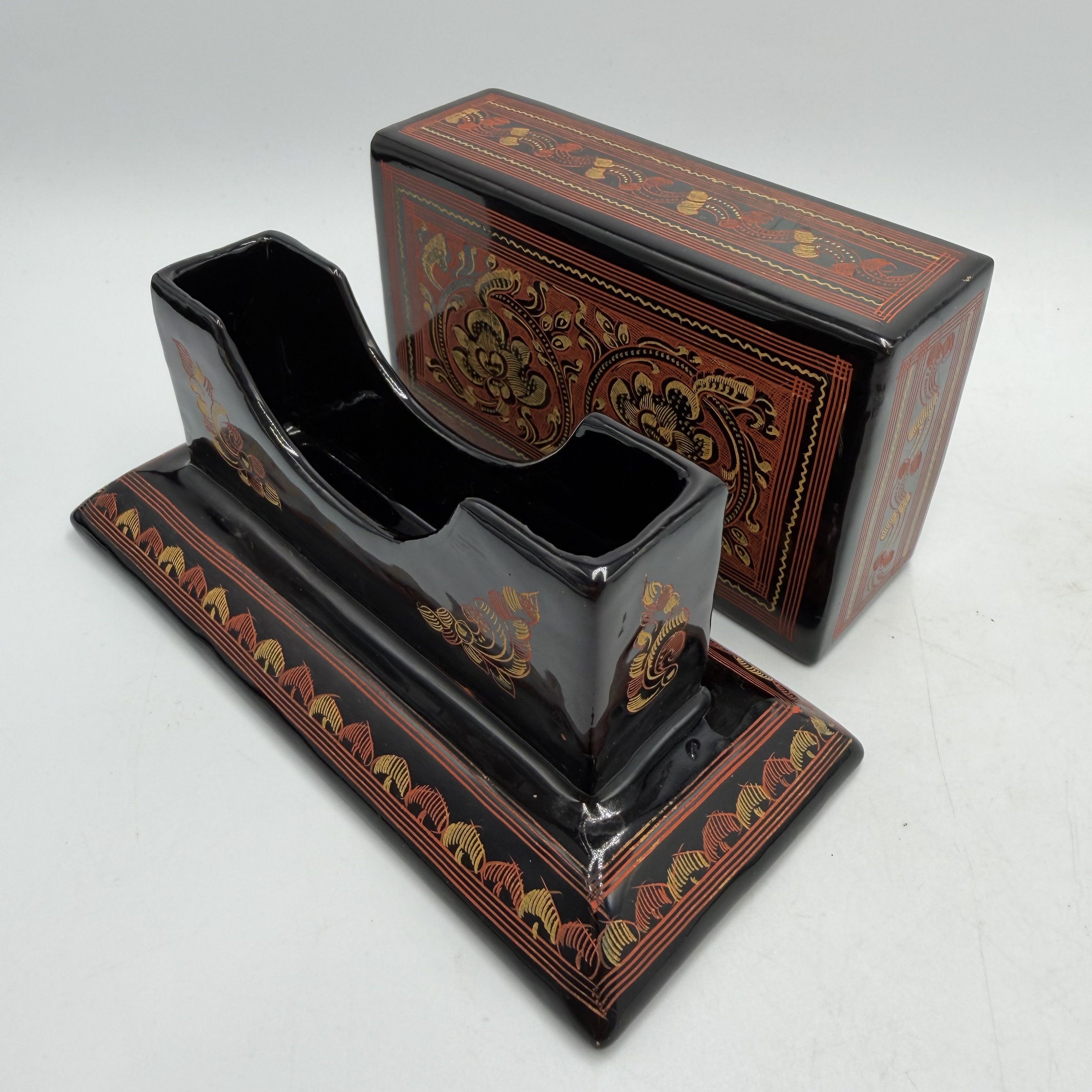 Vintage Vintage Lacquer Desk Organizer Box Black Hand Painted Size ONE SIZE - 8 Thumbnail