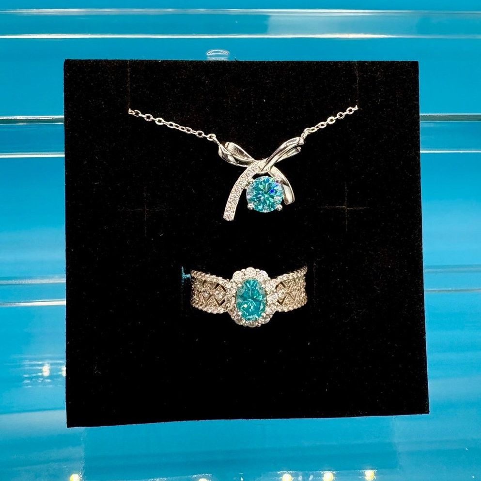 Jewelry NEW Aquamarine Moissanite Ring & Necklace in PT950 & AU750 Size ONE SIZE - 1 Thumbnail