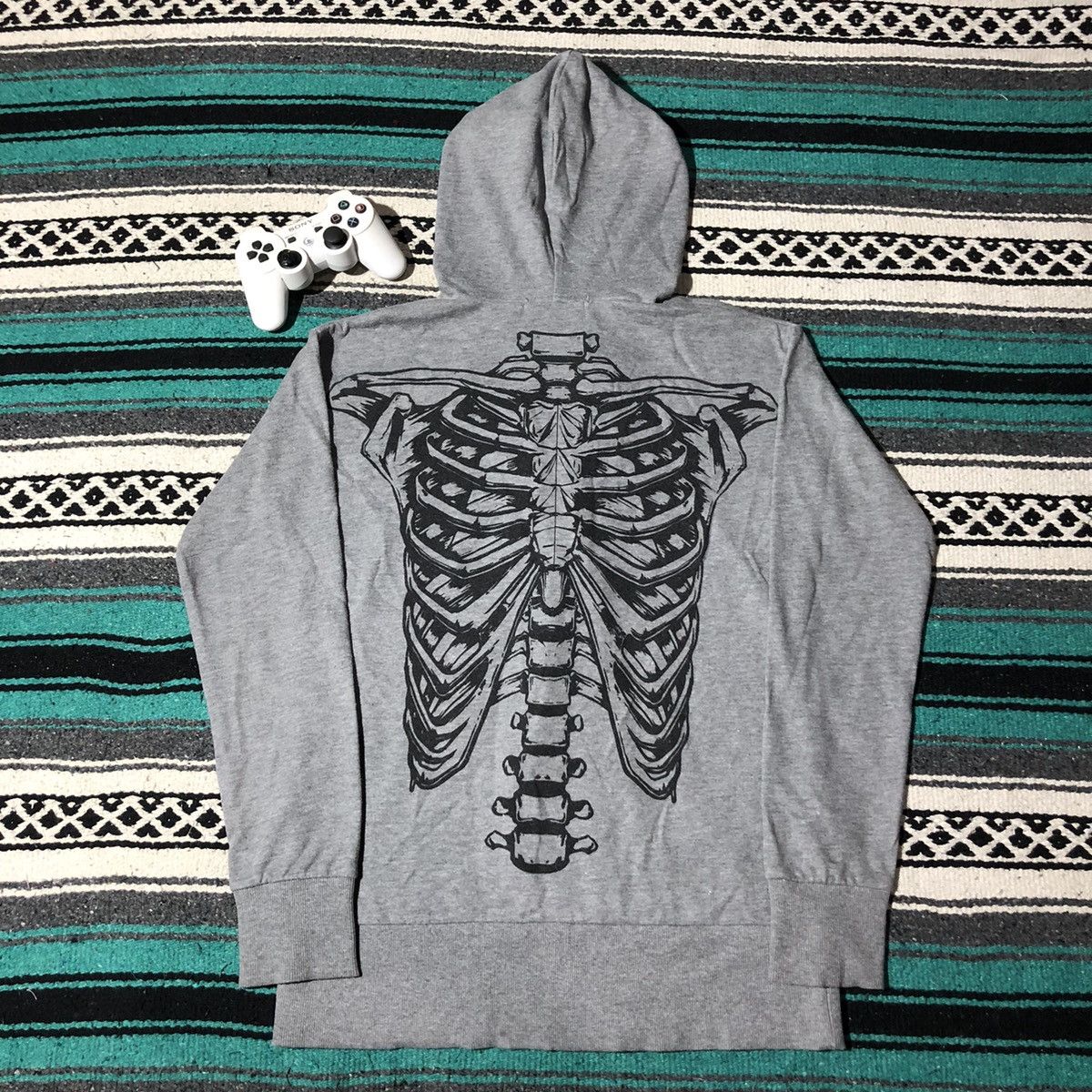 image of Hysteric Glamour Glad News Skeleton Studded Thermal Zip Hoodie in Grey, Men's (Size Large)