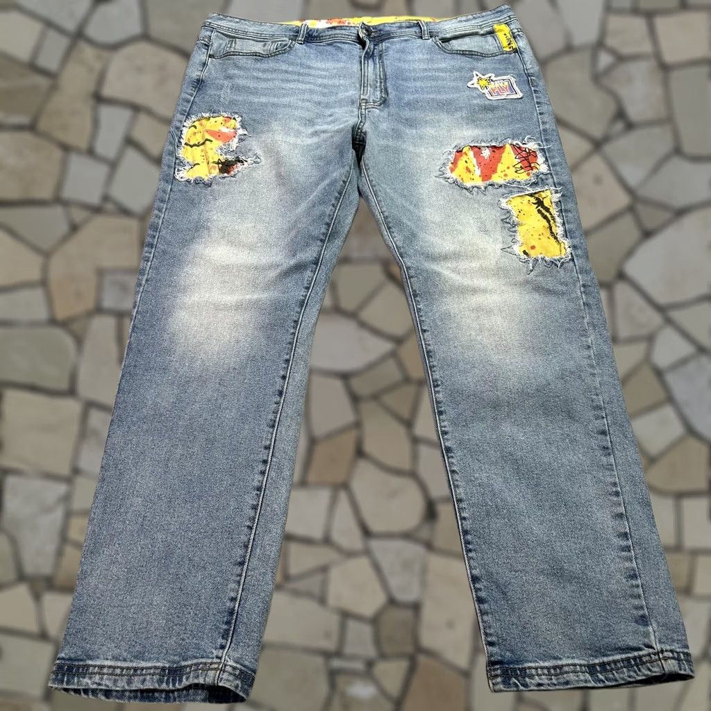 Born Born Fly Jeans Mens 42x34 Blue Distressed Stretch Straight Denim Light Wash Jeans Size US 42 / EU 58 - 1 Thumbnail
