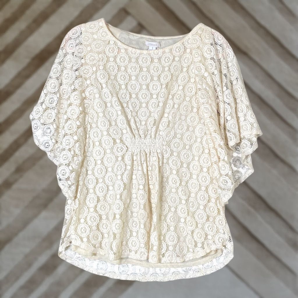 Vintage Chicos Womens Blouse Tan Textured Lace Top Short Sleeve Round Neck M Size M / US 6-8 / IT 42-44 - 1 Thumbnail