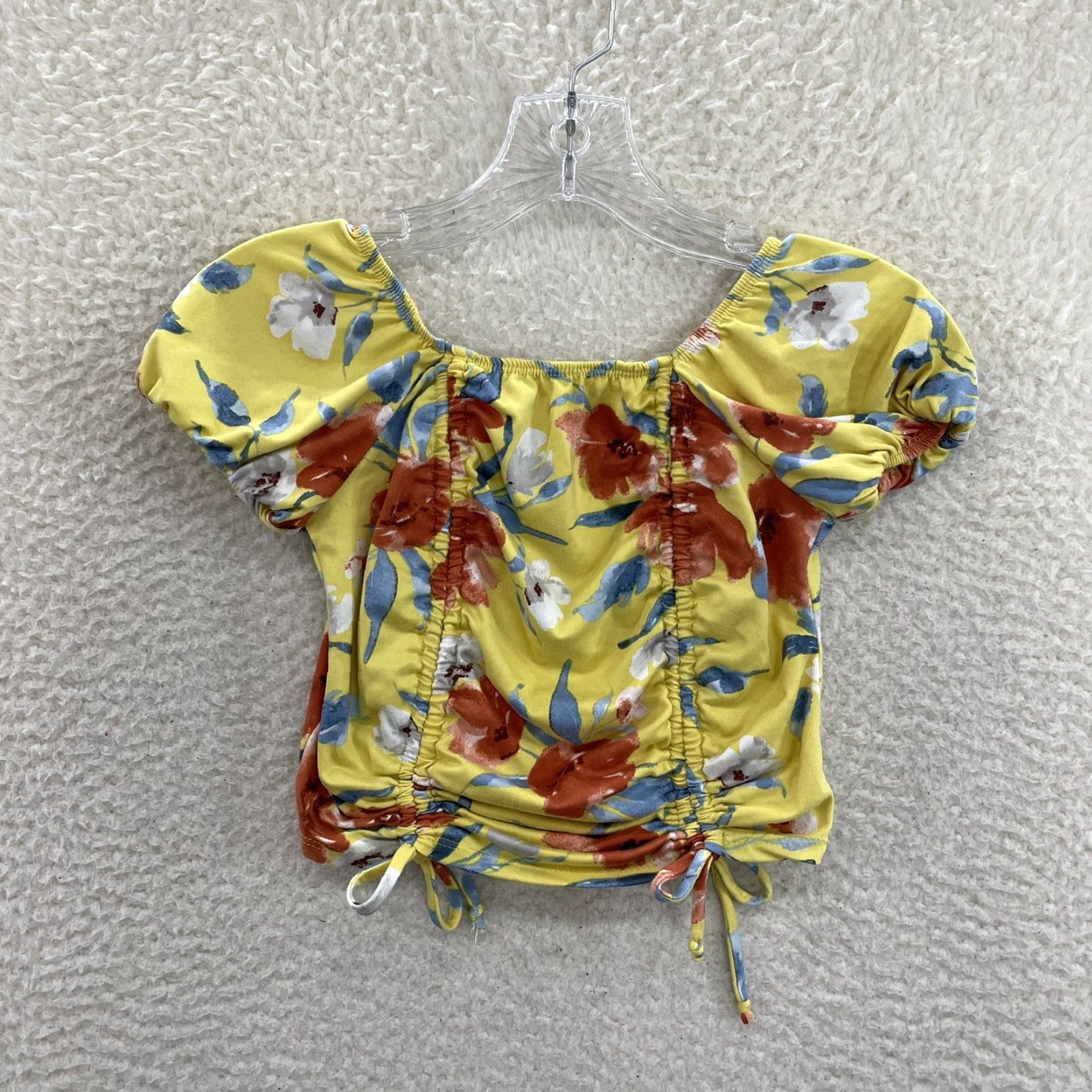 destin VINTAGE 90s Y2K Destiny Crop Top Shirt XS Women Yellow Floral Tropical Hawaiian Cap Sleeve Size XS / US 0-2 / IT 36-38 - 2 Thumbnail