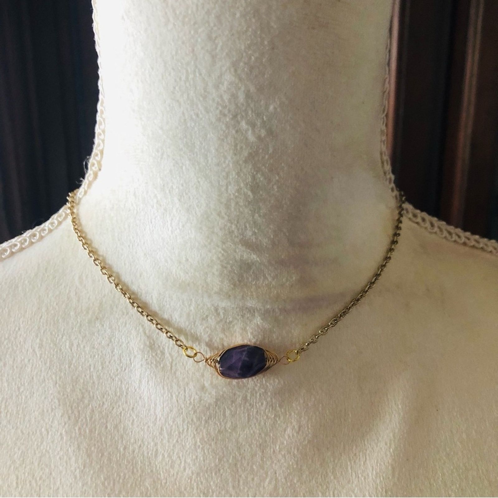 Handmade Handcrafted gold wire cage genuine amethyst stone necklace Size ONE SIZE - 4 Thumbnail