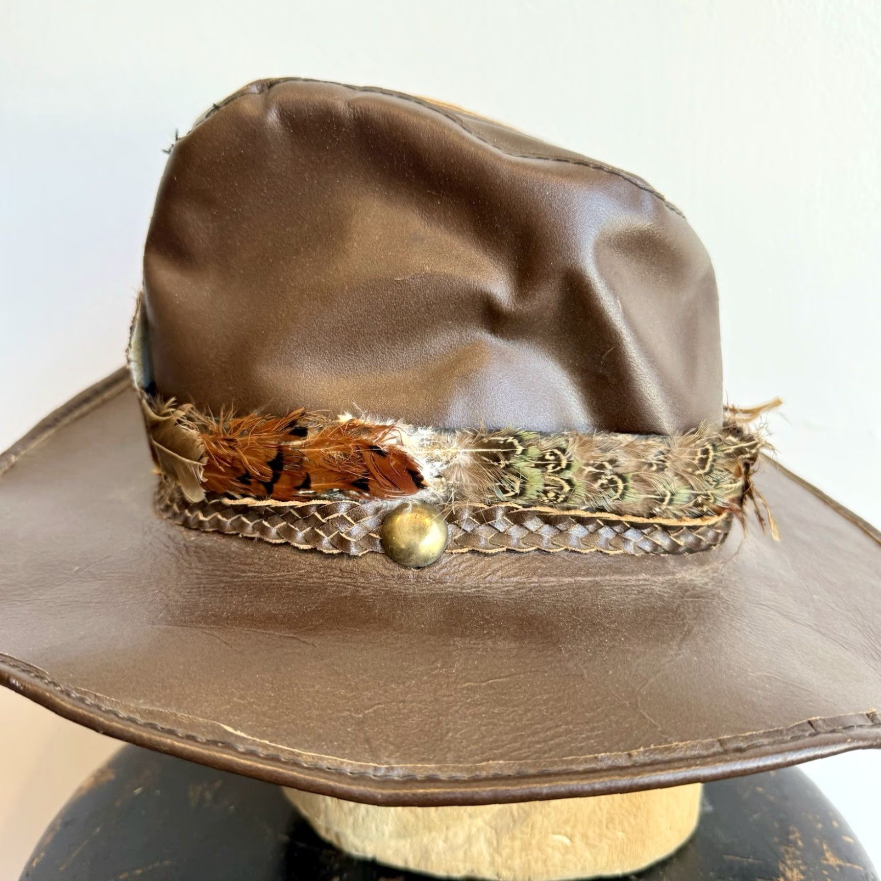 Vintage VINTAGE Cowboy Hat Leather 1970s HaT Size 7-7 1/8 Hippie Look Mens? Womens? Size ONE SIZE - 3 Thumbnail