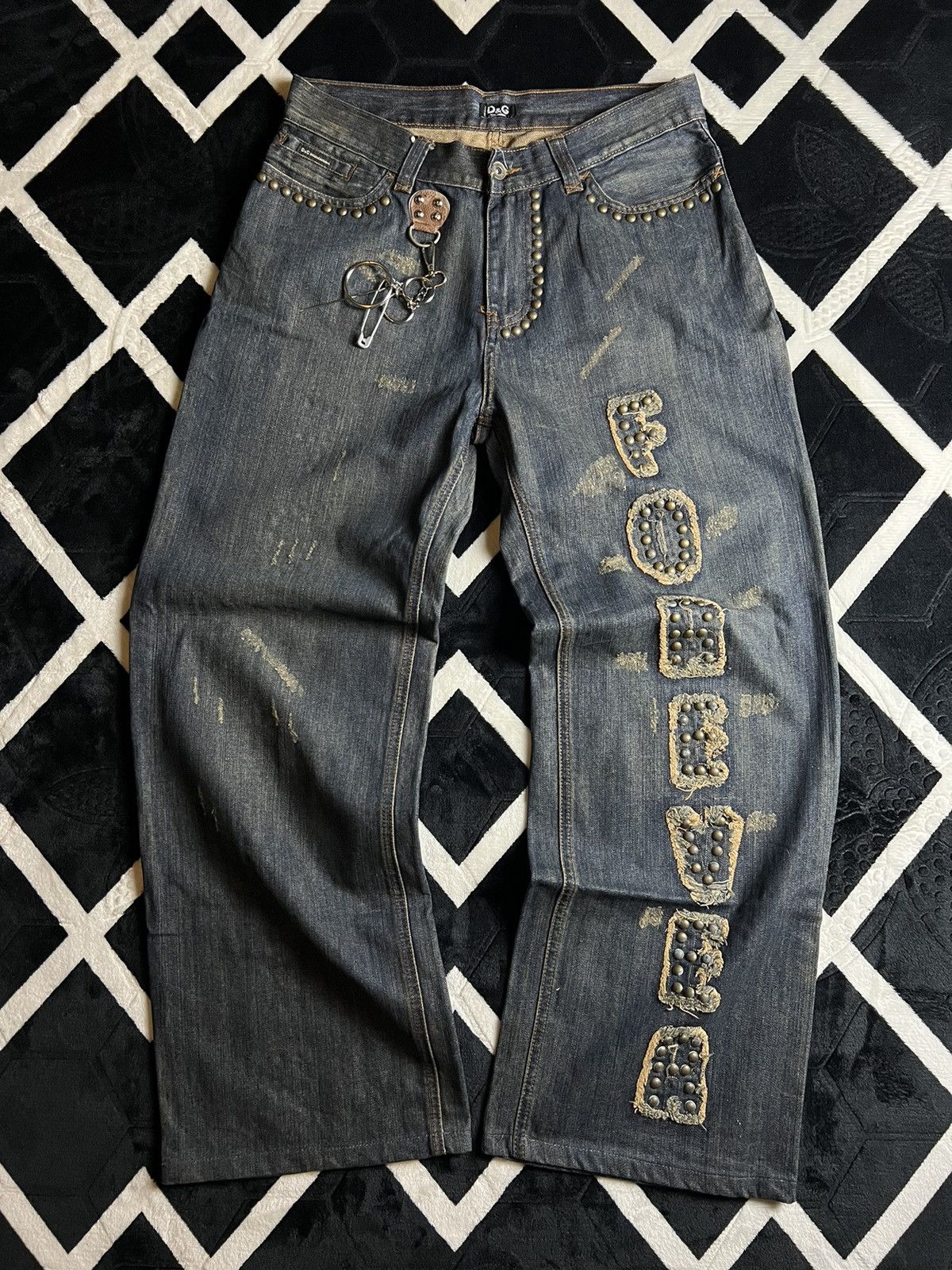 image of Aw05 Dolce Gabbana Studded “Forever” Distressed Denim, Men's (Size 32)