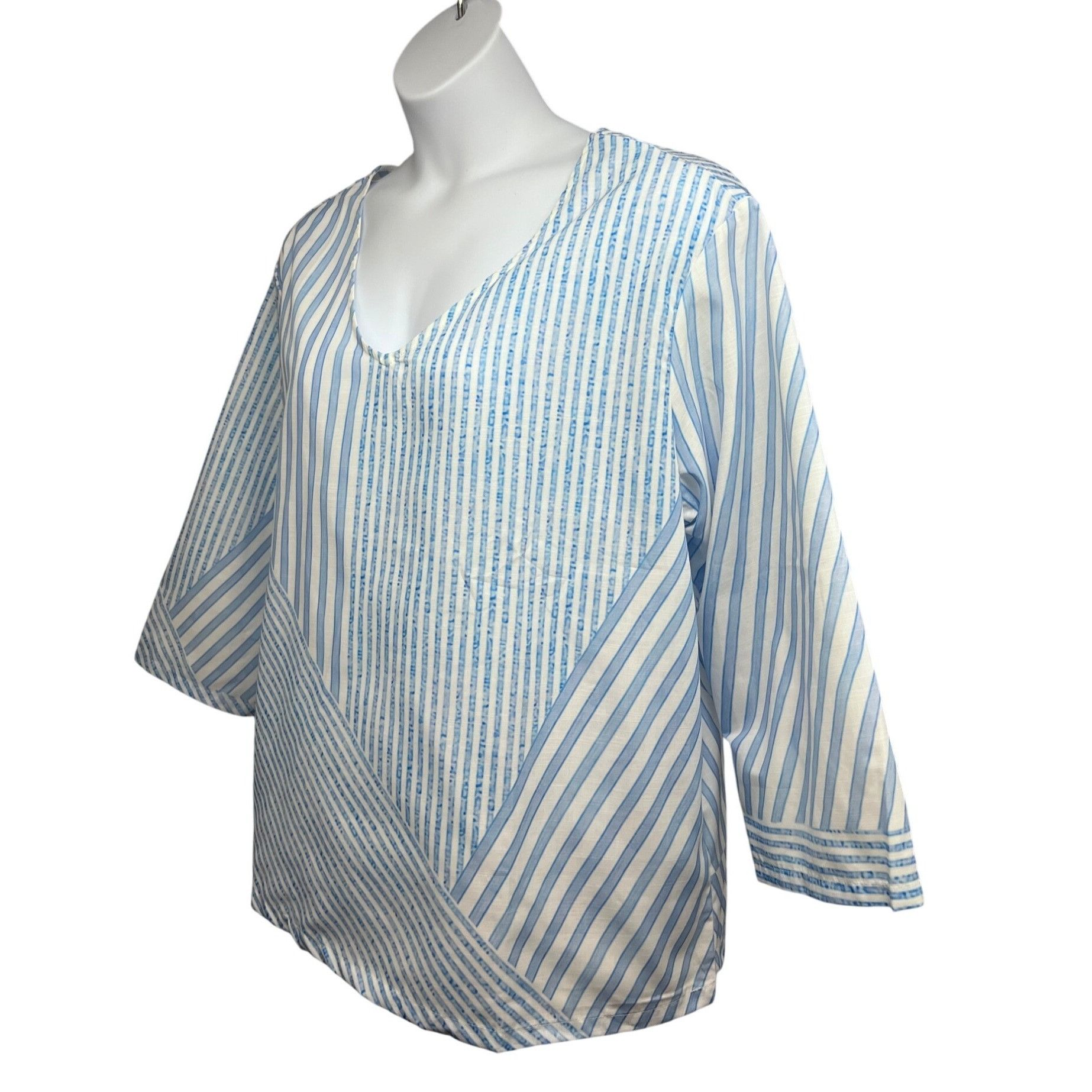 Designer Womens Blue White Striped Pullover V-Neck Boho Shirt Top XL Size XL / US 12-14 / IT 48-50 - 3 Thumbnail
