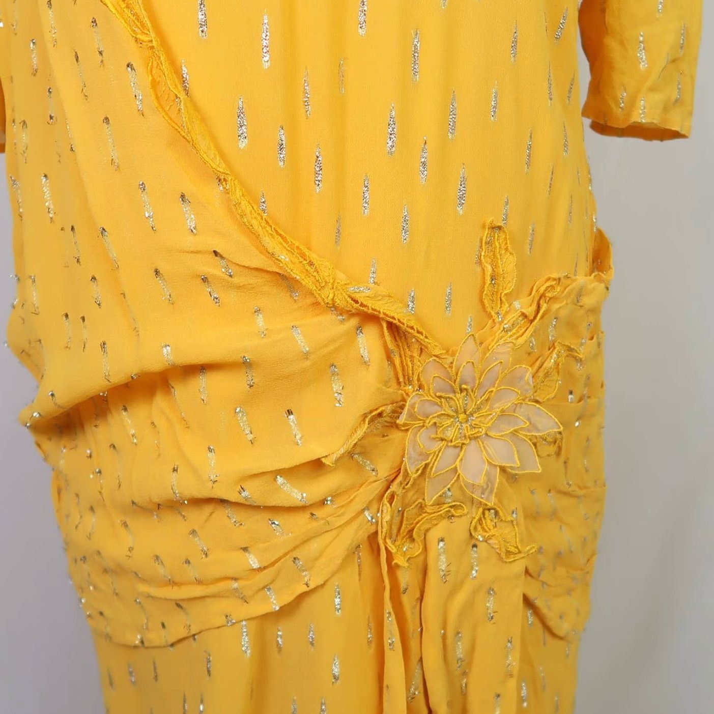 Vintage VINTAGE 80s Yellow Silk Metallic Silver Midi Party Dress Women's M Cocktail Eveningwear Size M / US 6-8 / IT 42-44 - 5 Thumbnail