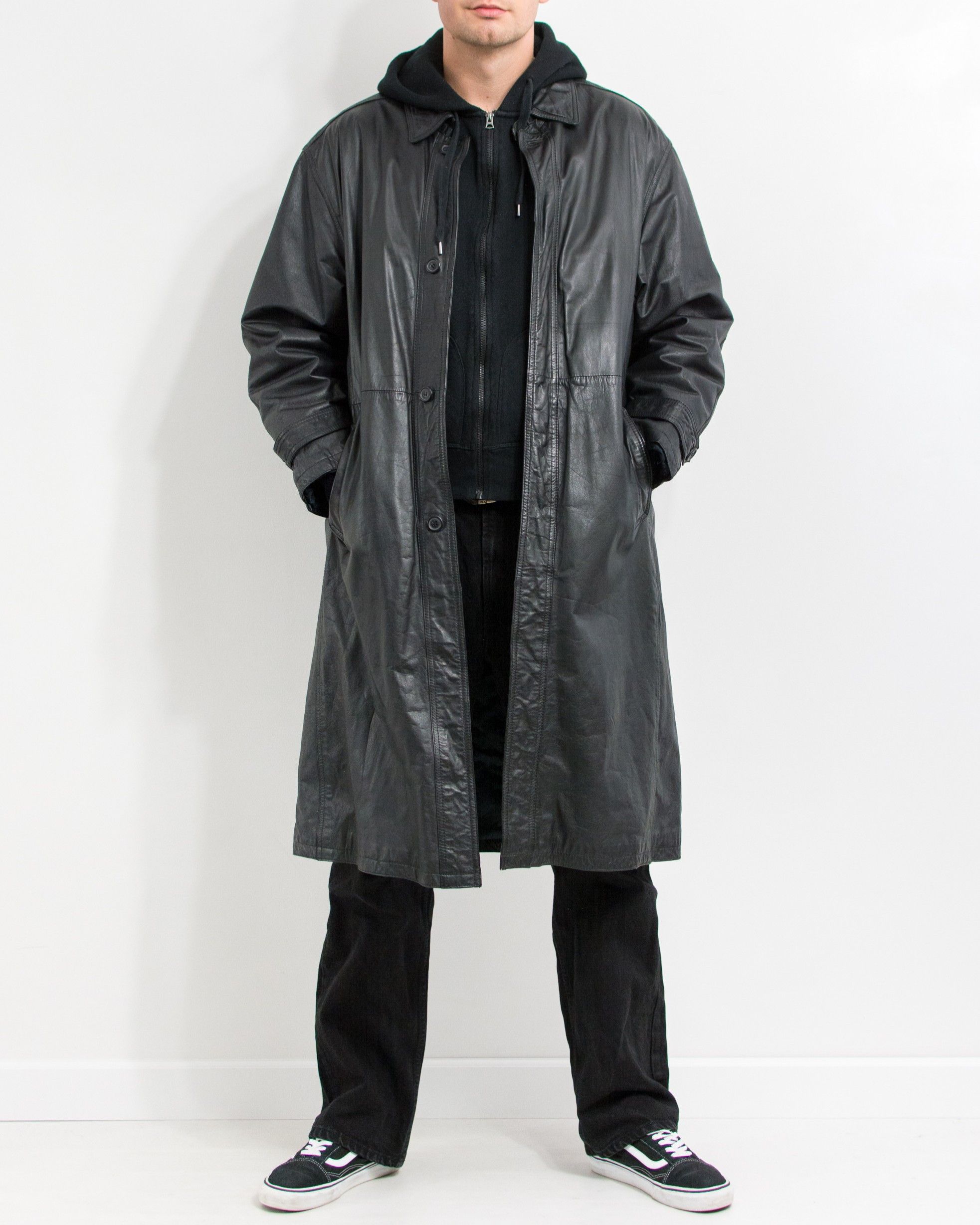 Genuine Leather × Vintage Vintage 90s Black Leather Trench Coat Men’s Size L Size US L / EU 52-54 / 3 - 3 Thumbnail