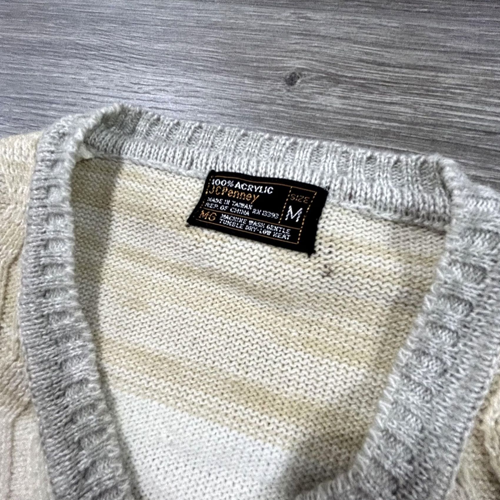 JCPenney VINTAGE JCPenney Sweater Mens M Beige Gray Stripe V-Neck Knit Acrylic 80s Retro Size US M / EU 48-50 / 2 - 3 Thumbnail
