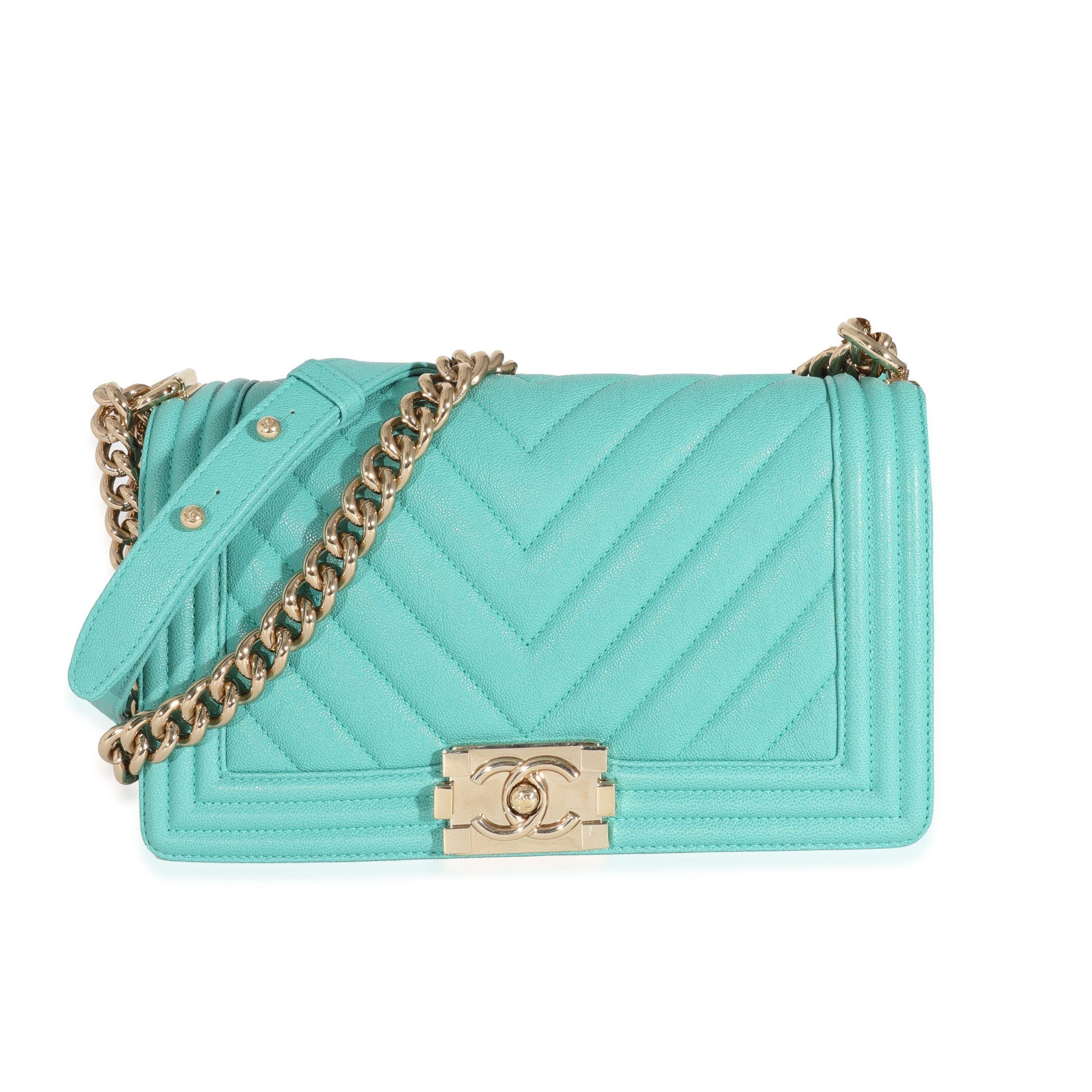 image of Chanel 19S Teal Chevron Caviar Medium Boy Bag in Blue, Women's
