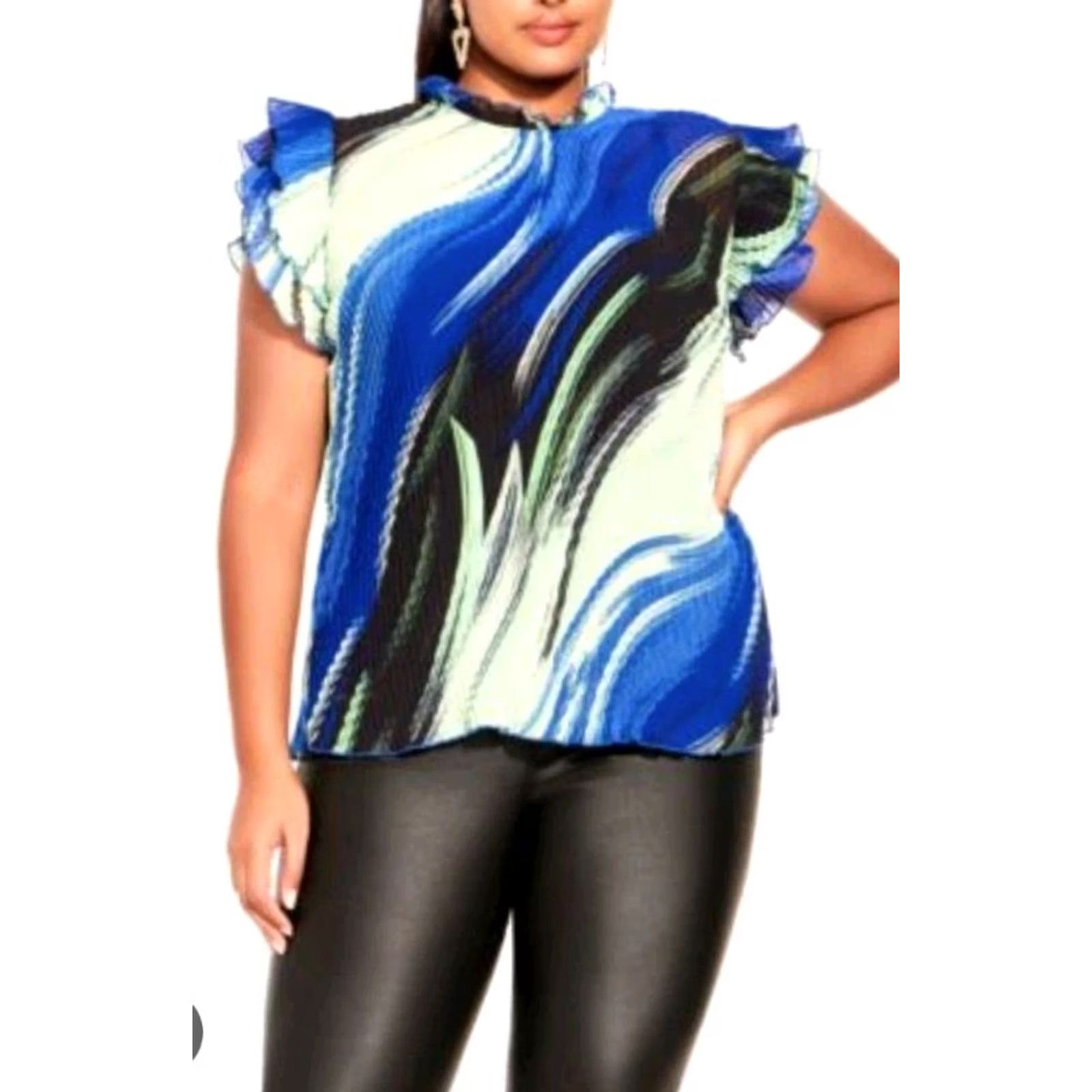 Vintage City Chic Women's Blouse Shirt L/20 Blue Short Sleeve Round Neck Frilled Neckline Regular Fit All Seasons Knit Polyester Casual Size L / US 10 / IT 46 - 3 Thumbnail