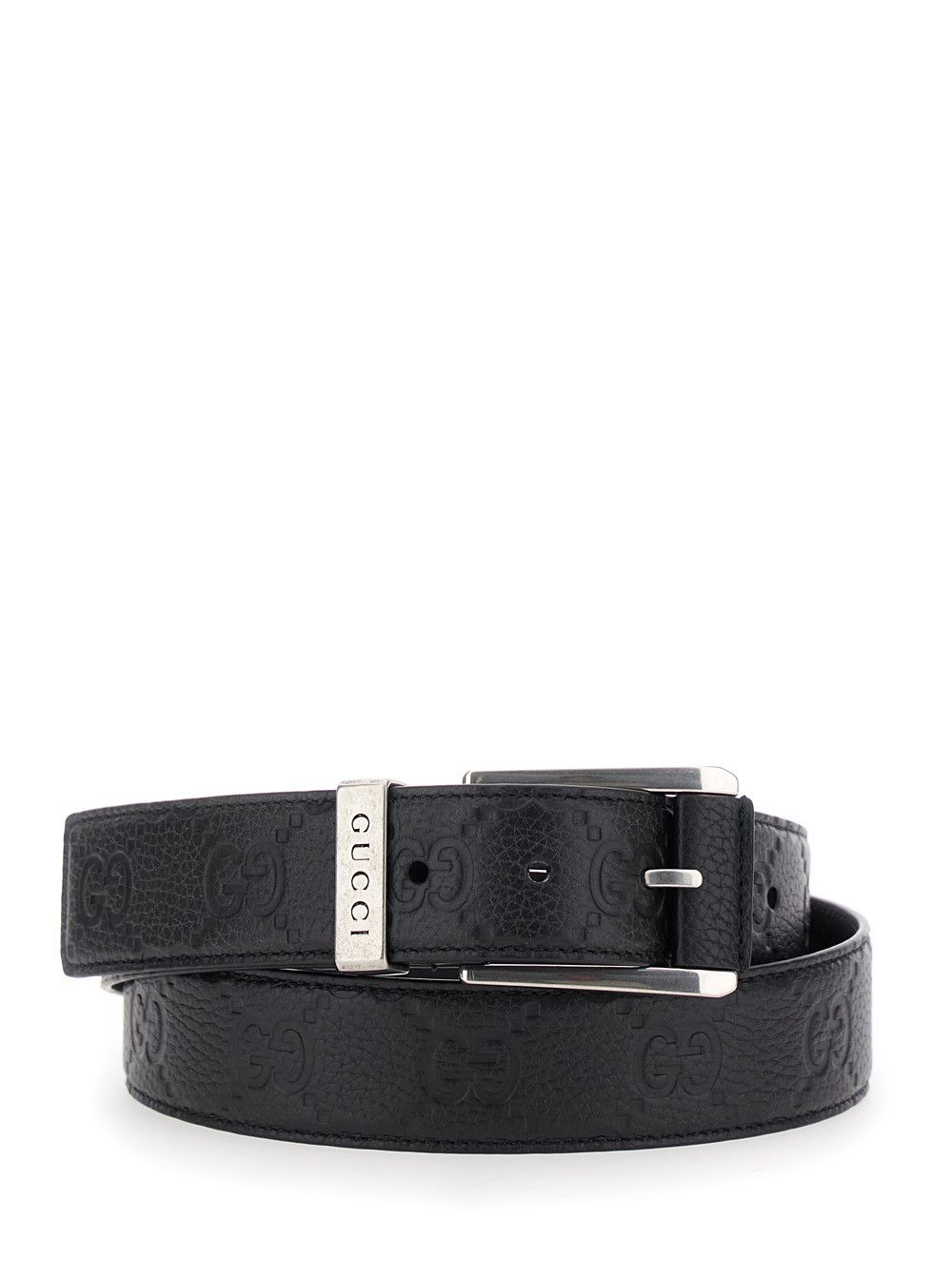 Gucci Black Belt with Square Buckle and All-Over Embossed GG Logo in Grained Leather Man Size ONE SIZE - 1 Thumbnail