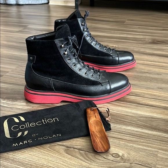 Other MeMarc Nolan Aiden Black Leather Combat Boots Red Sole Lace Size US 9 / EU 42 - 2 Thumbnail