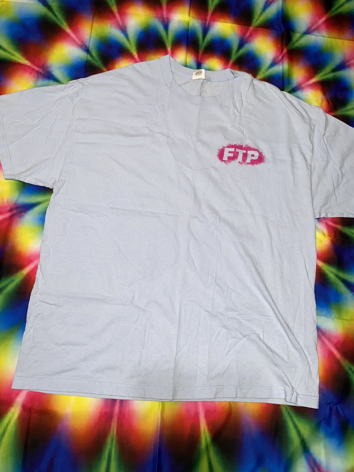 image of Fuck The Population Ftp Spray Paint Logo T-Shirt Pink On Baby Blue, Men's (Size 2XL)