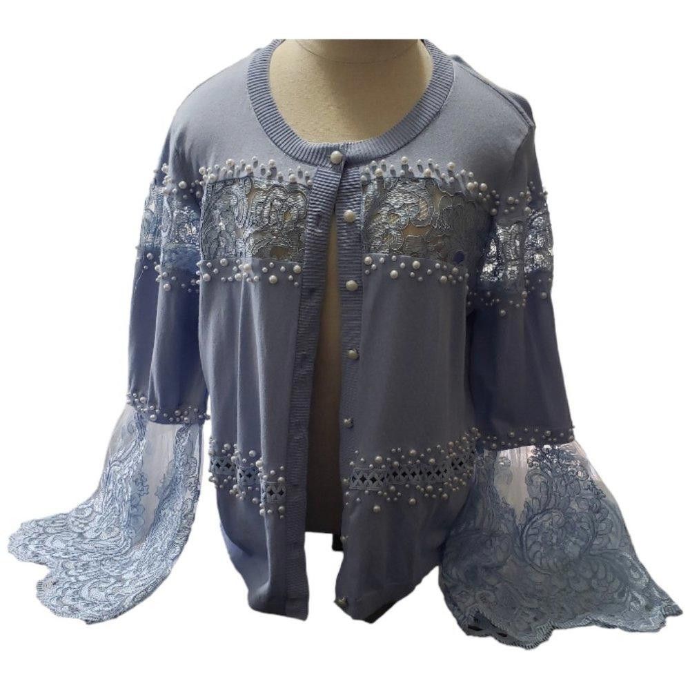 Designer CT418 Boston Proper Blue Lace & Pearl Simmer Cardigan XL Size XL / US 12-14 / IT 48-50 - 2 Thumbnail