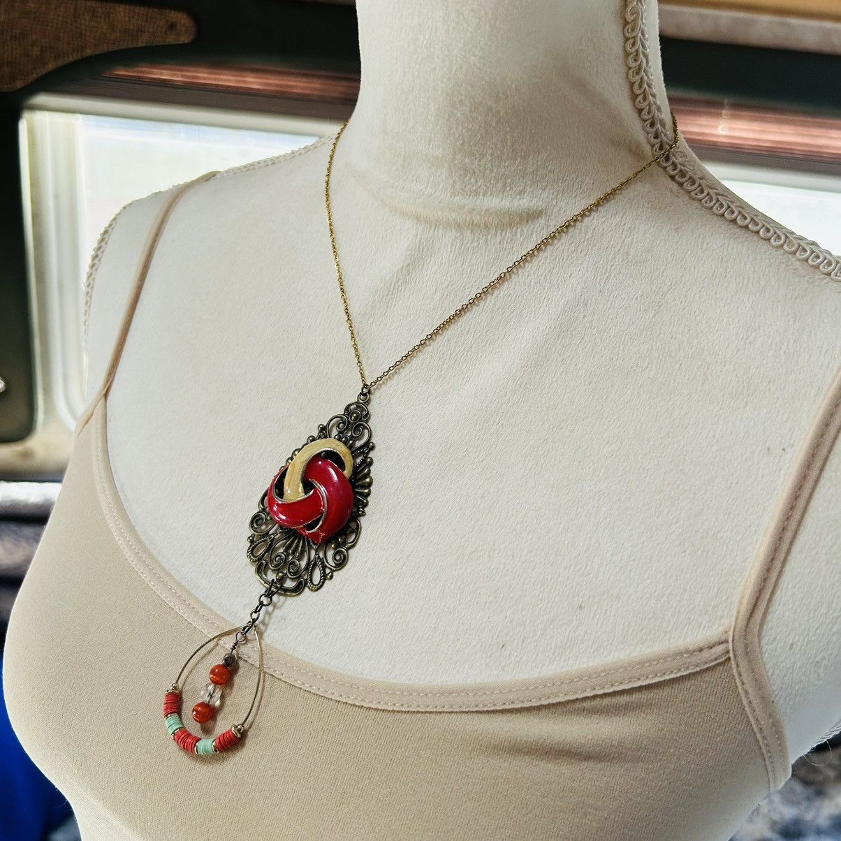 Handmade Handcrafted brass filigree dangle pendant on chain necklace Size ONE SIZE - 3 Thumbnail