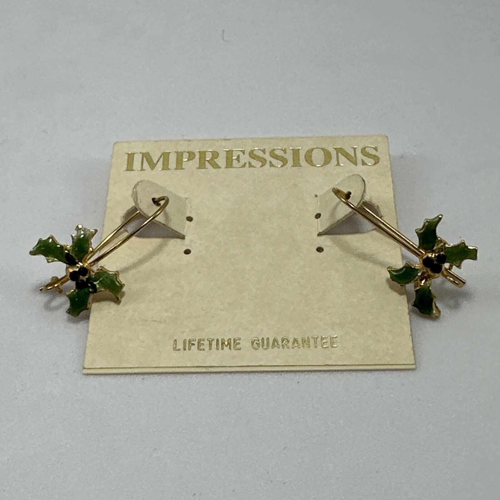 Other Holly Leaf Christmas Earrings Green Enamel Red Stones VTG Size ONE SIZE - 5 Thumbnail