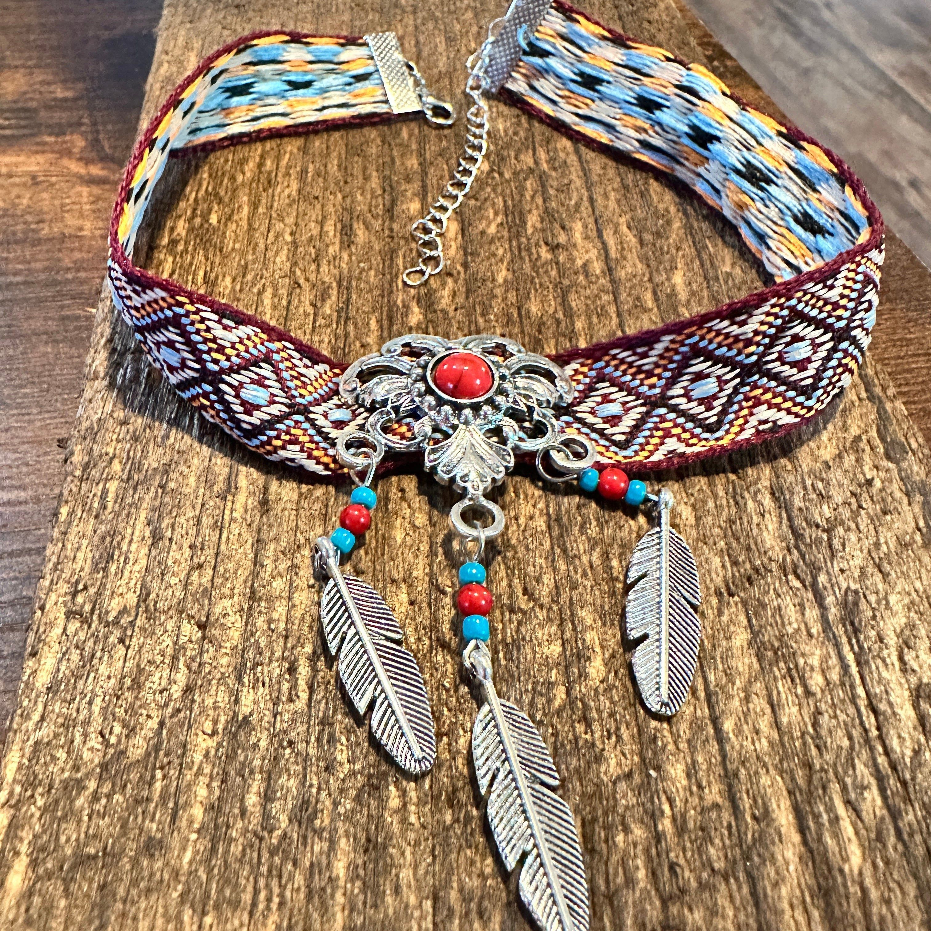 Other Handcrafted Bohemian Coral & Feather Choker Necklace with Gi Size ONE SIZE - 2 Thumbnail