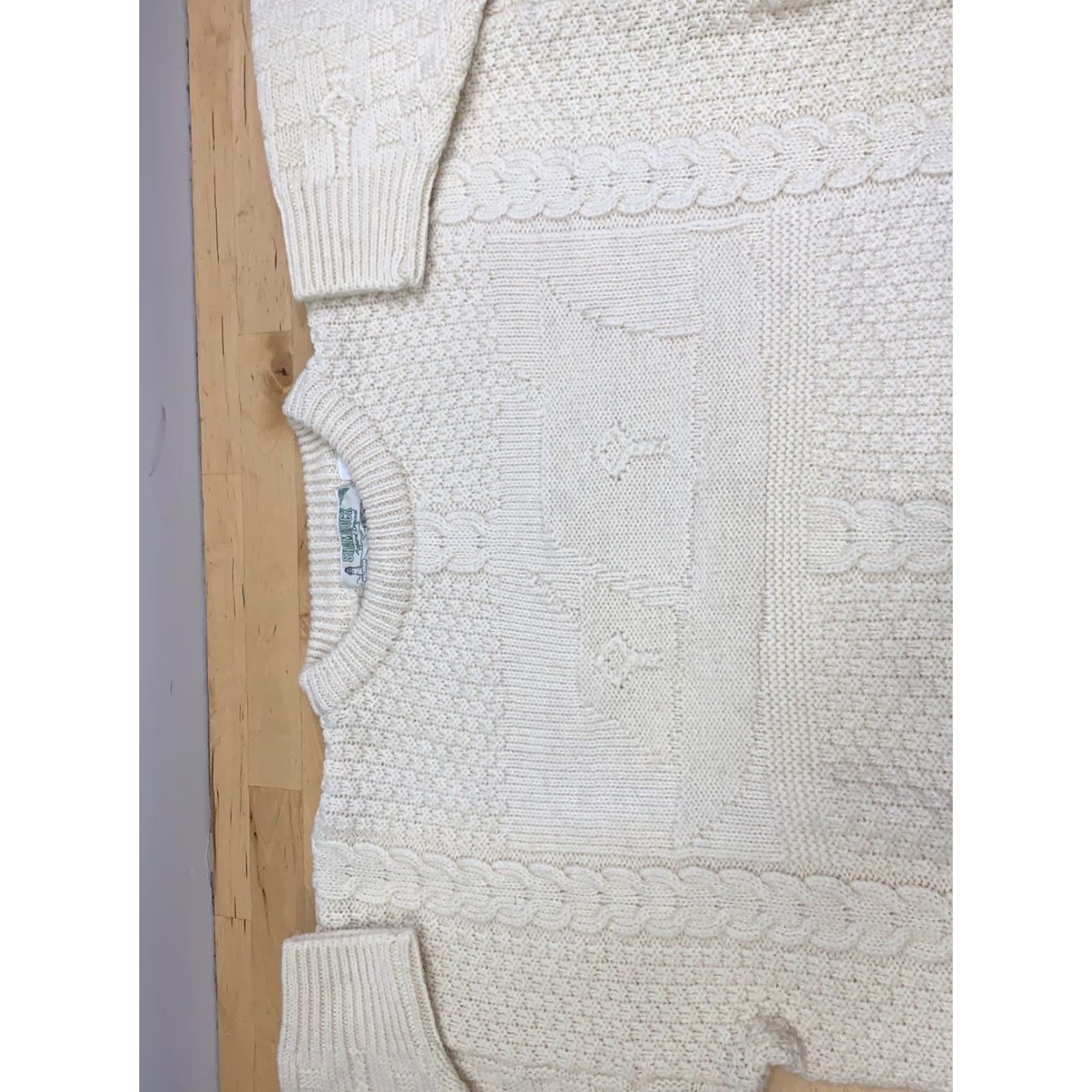 Vintage VINTAGE Shamrock Sweater Mens L Ivory Cable-Knit Wool 12009 Ireland Boat Crew Neck Long Sleeve Pullover Size US L / EU 52-54 / 3 - 7 Thumbnail