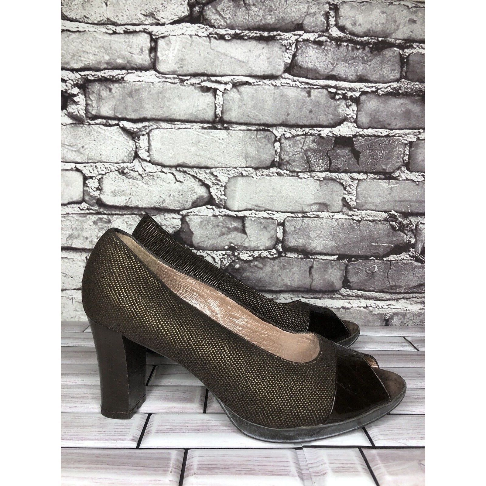 Beautiful Ful Beautifeel Brown Synthetic Leather Peep Toe Dress Heels Wome Size US 7.5 / IT 37.5 - 10 Thumbnail